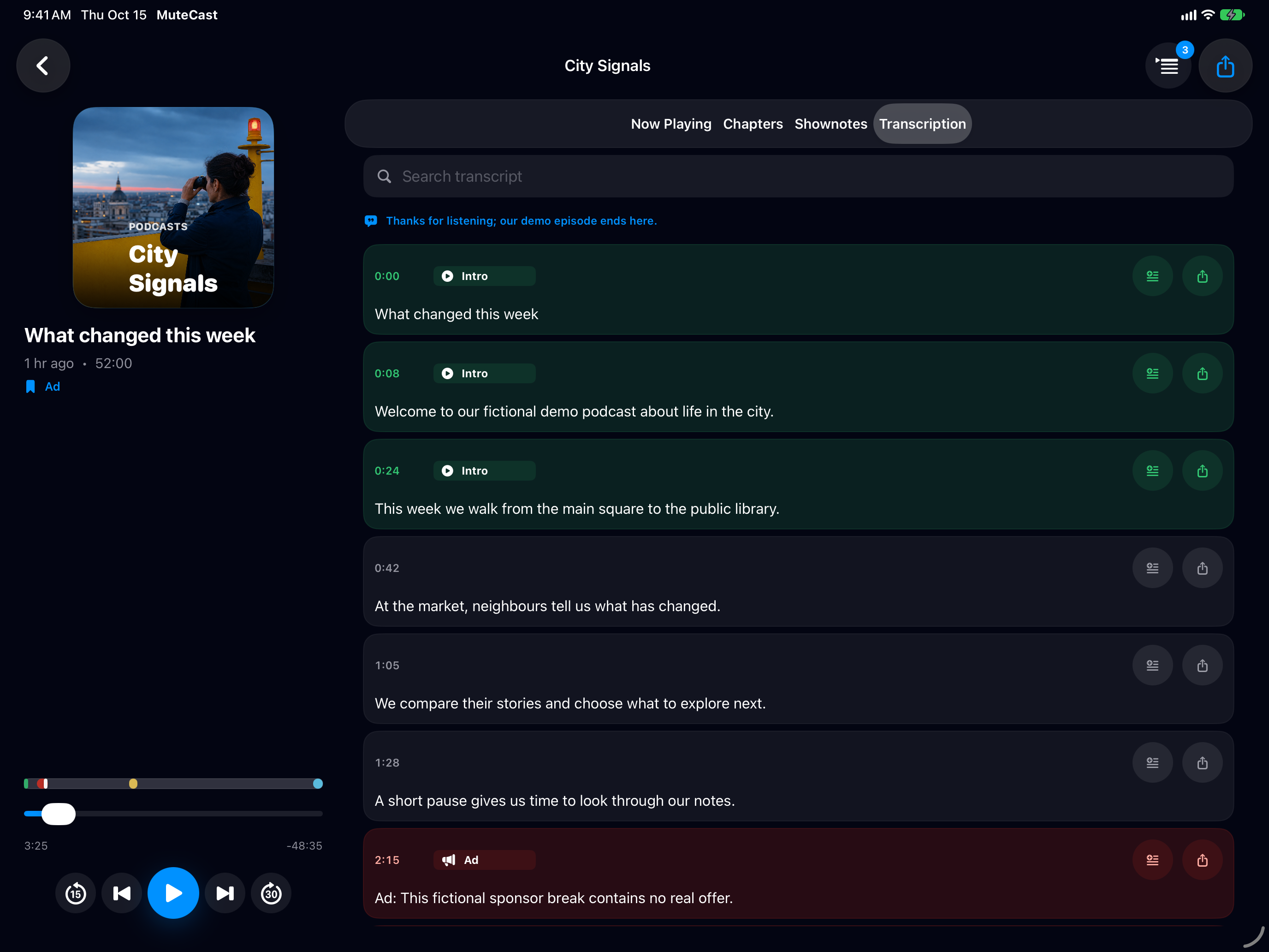 MuteCast iPad screenshot 6: ipad 13 transcript