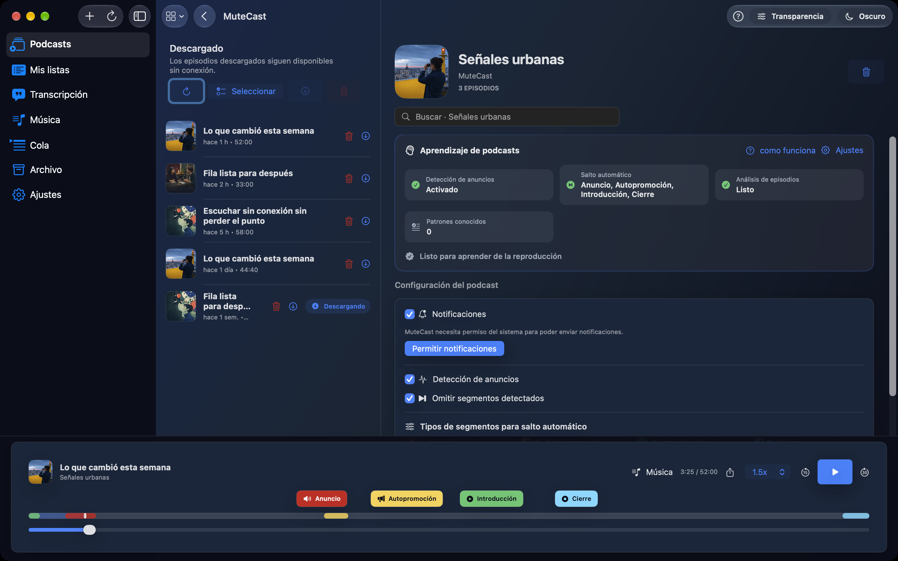 MuteCast Mac screenshot 3: Configuración del podcast