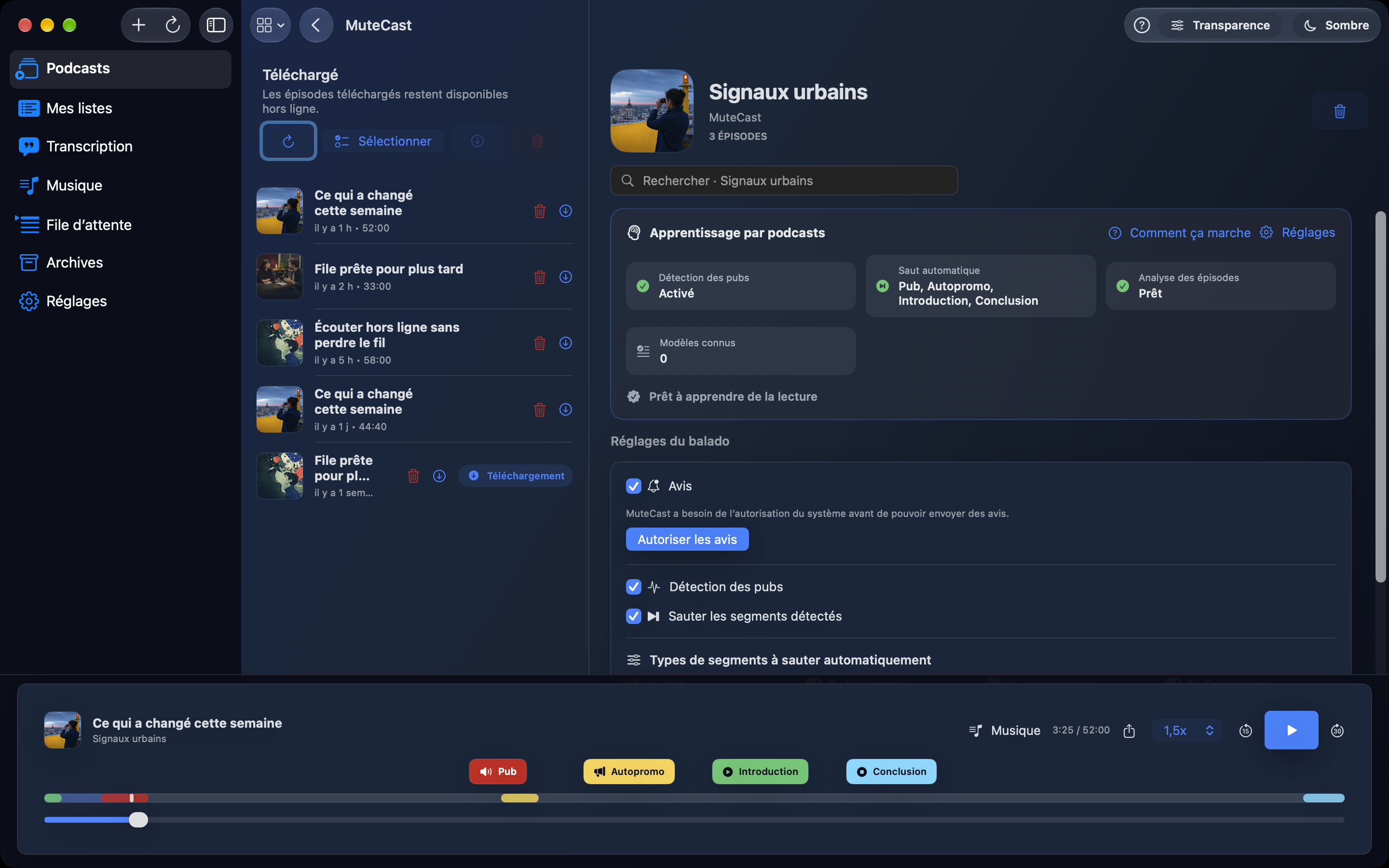 MuteCast Mac screenshot 3: Réglages du balado