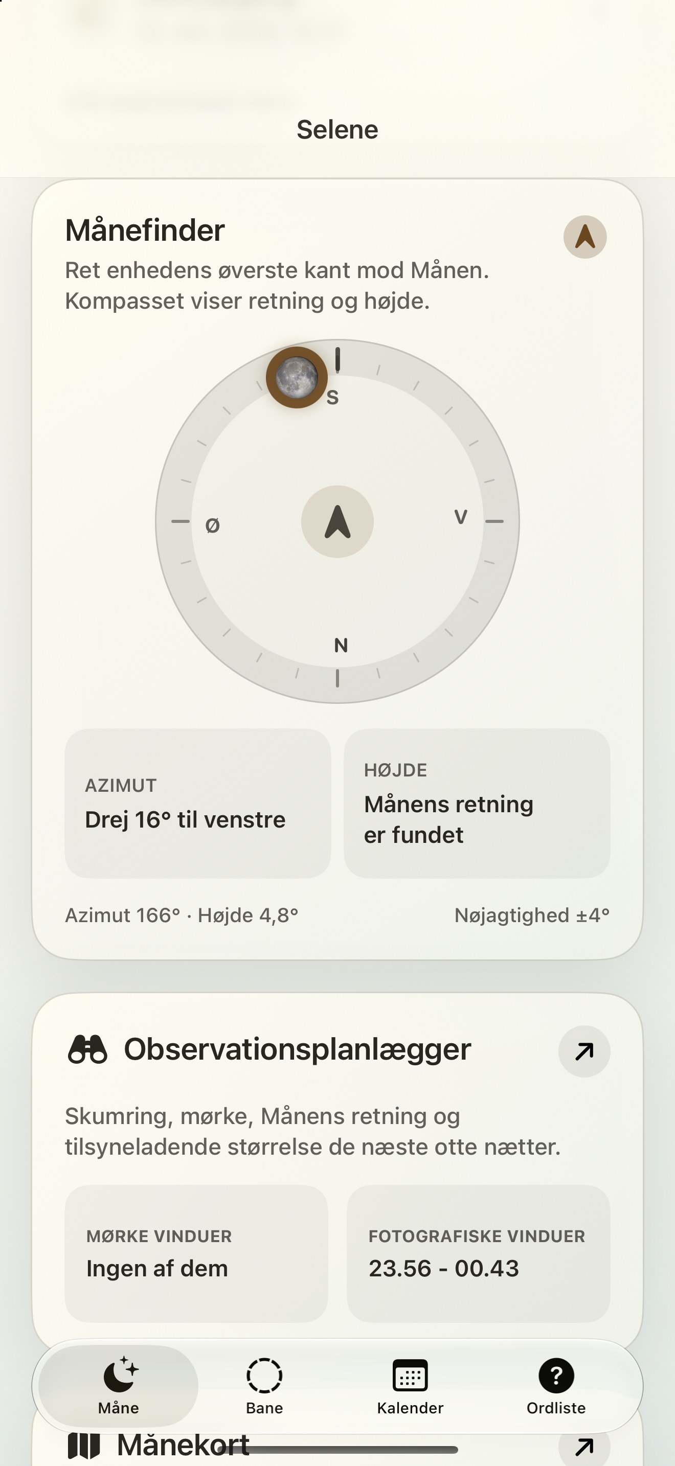 Selene iPhone screenshot 2: iPhone · Månefinder og månekompass