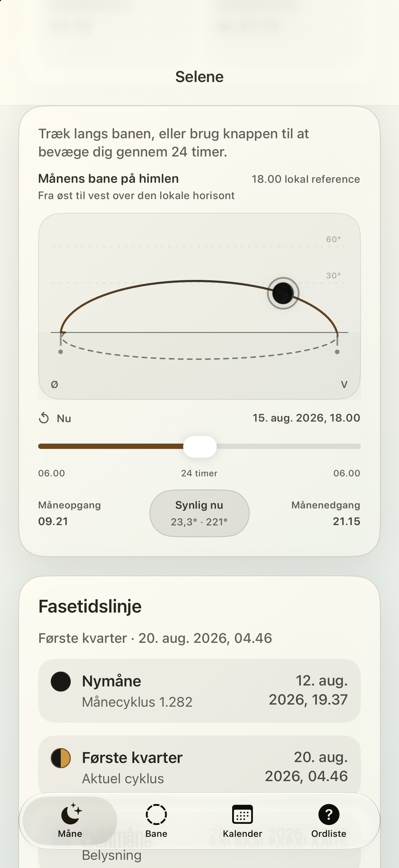 Selene iPhone screenshot 5: iPhone · Månens bane på himlen