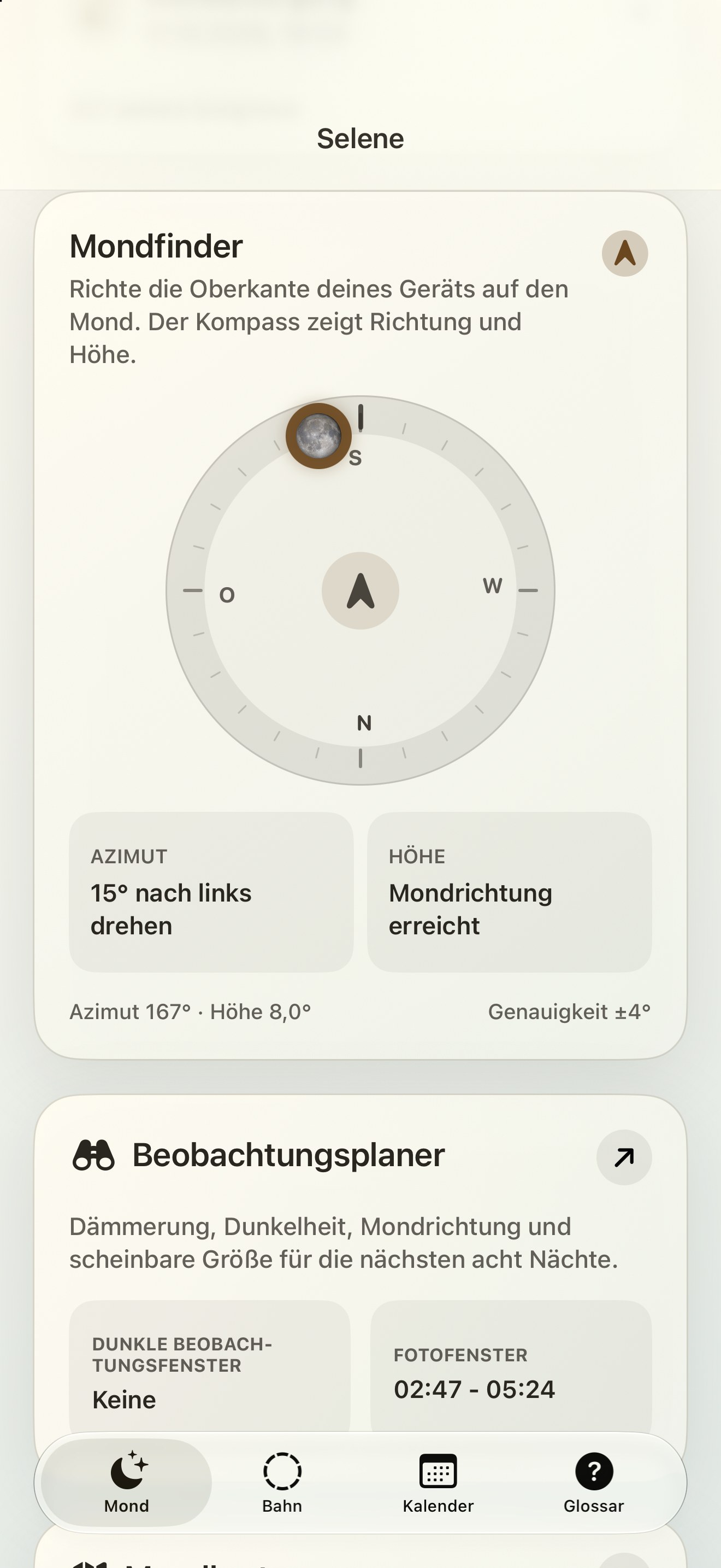 Selene iPhone screenshot 2: iPhone · Mondfinder und Mondkompass