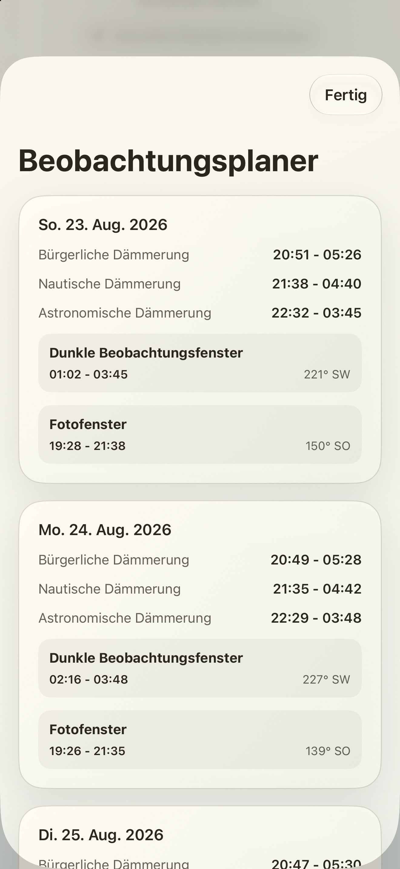 Selene iPhone screenshot 10: iPhone · Beobachtungsplaner
