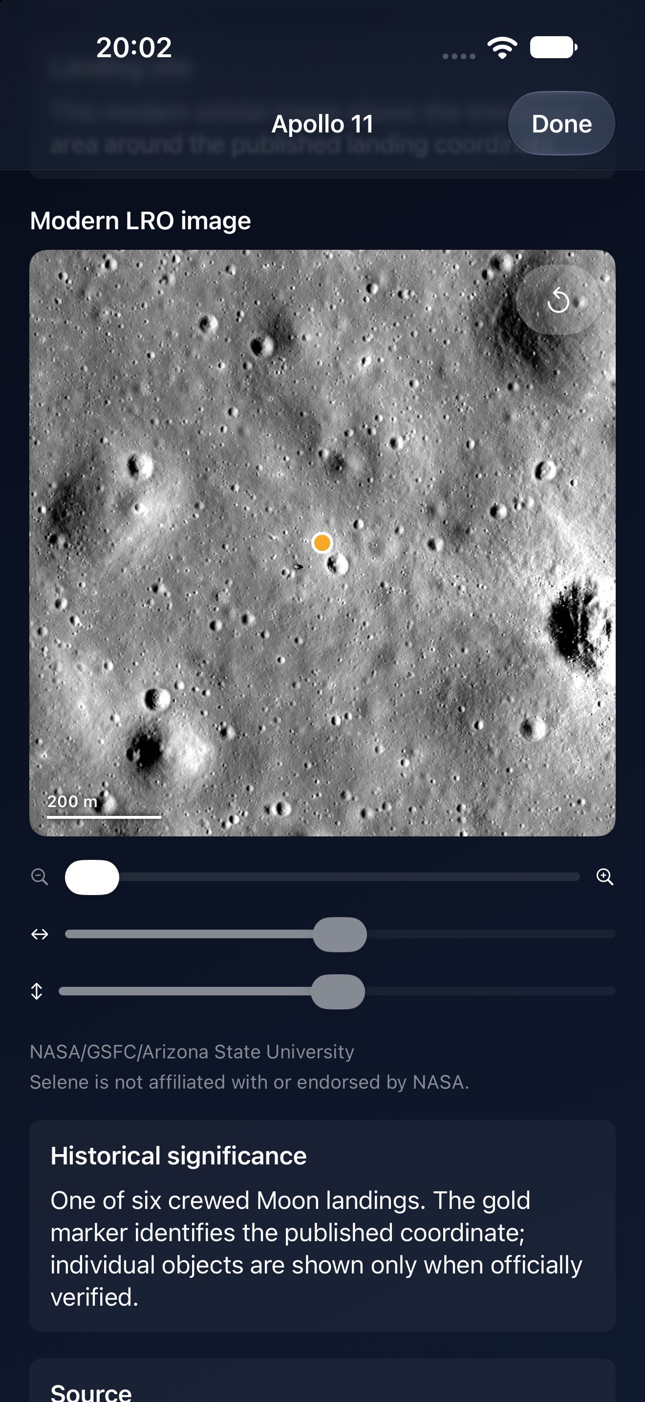 Selene iPhone screenshot 3: iPhone · Apollo landing site