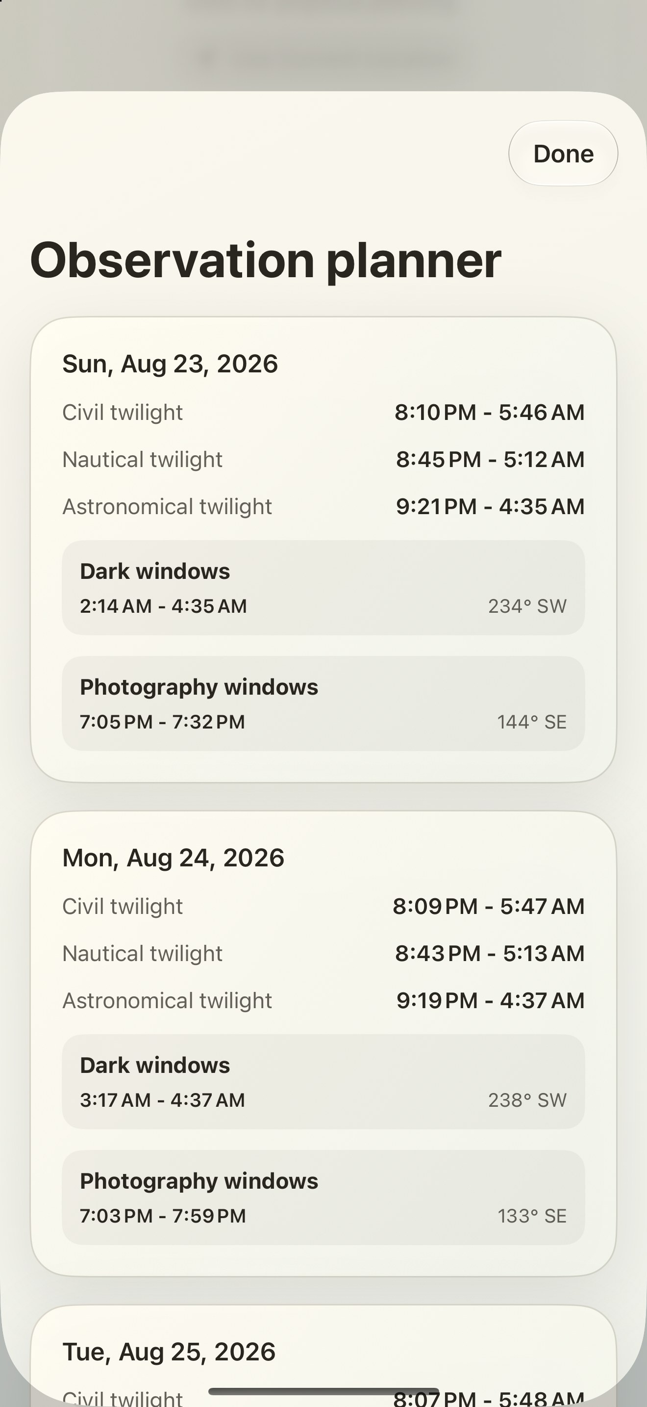 Selene iPhone screenshot 10: iPhone · Observation planner