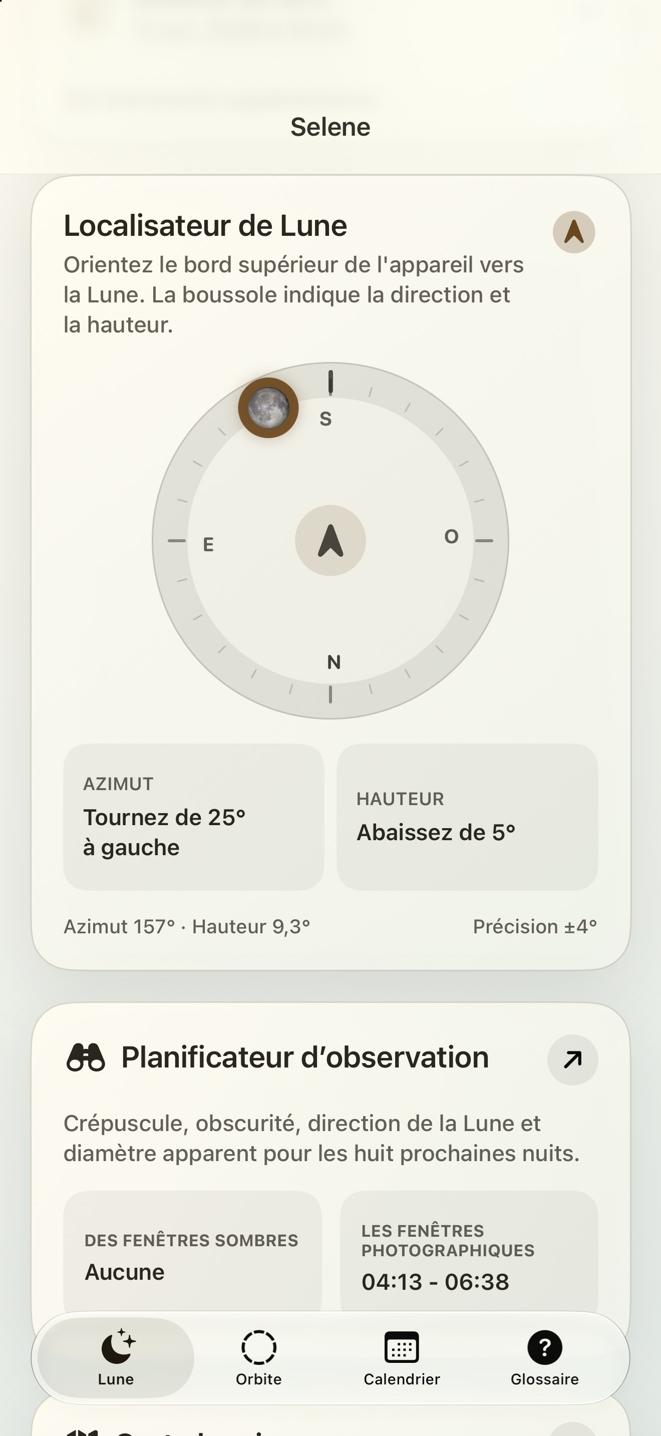 Selene iPhone screenshot 2: iPhone · Détecteur de lune et boussole lunaire