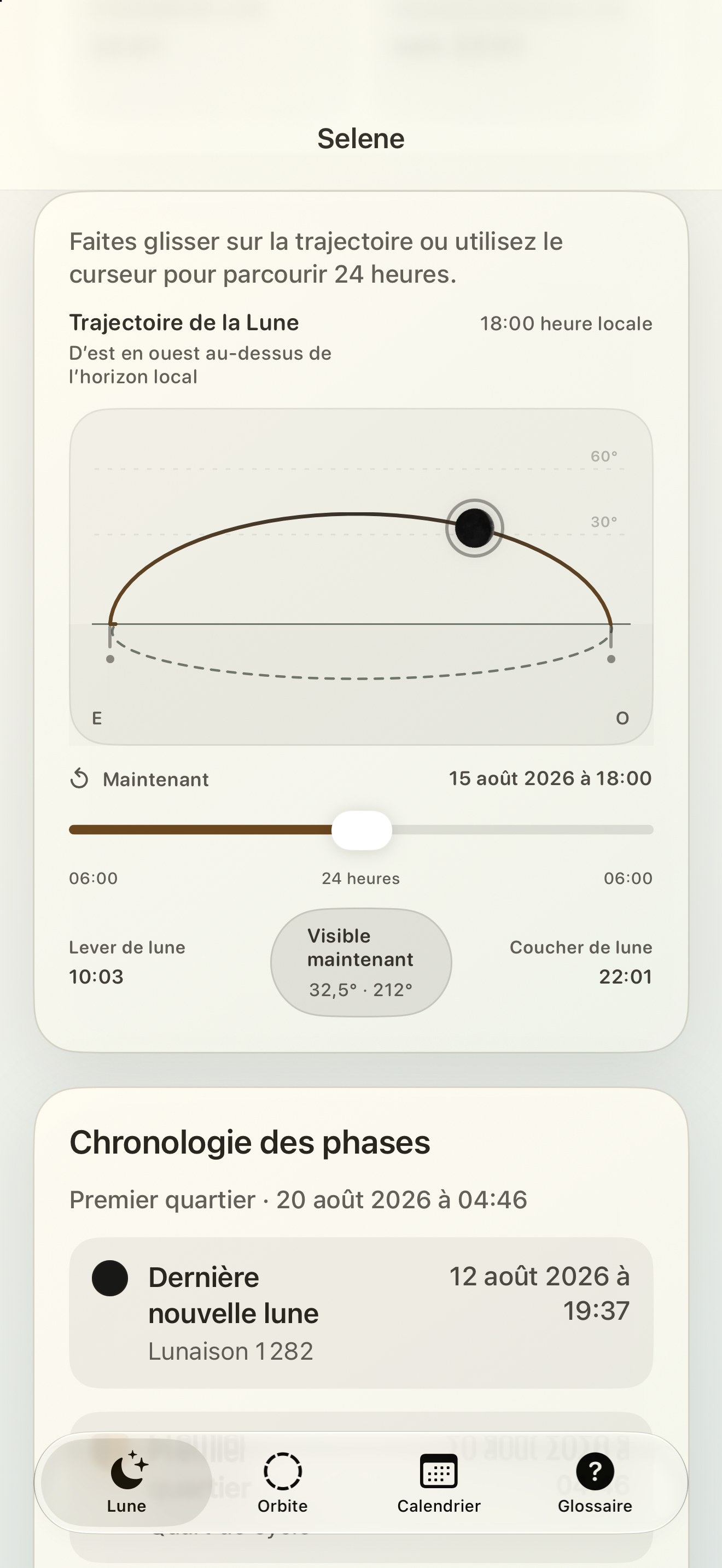 Selene iPhone screenshot 5: iPhone · Trajectoire de la Lune