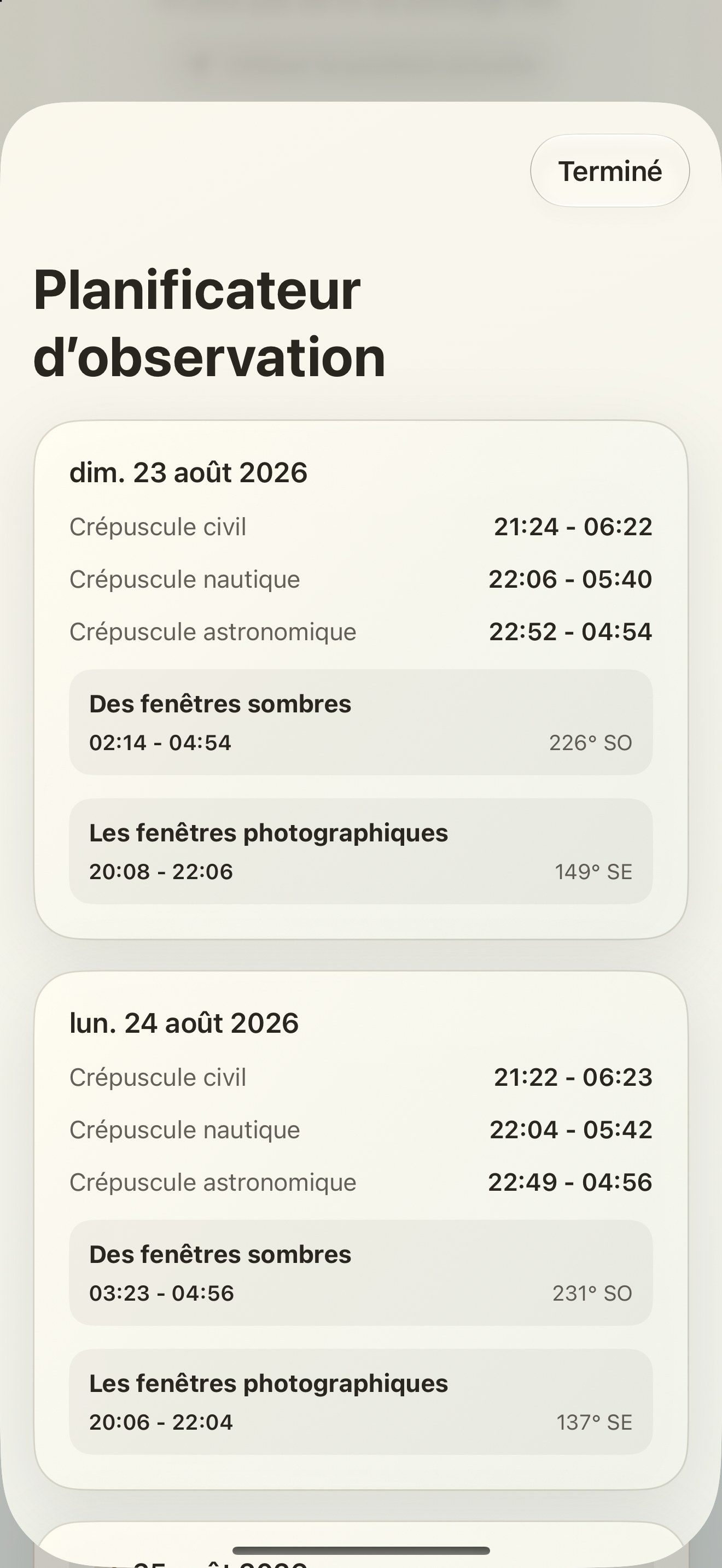 Selene iPhone screenshot 10: iPhone · Planificateur d’observation
