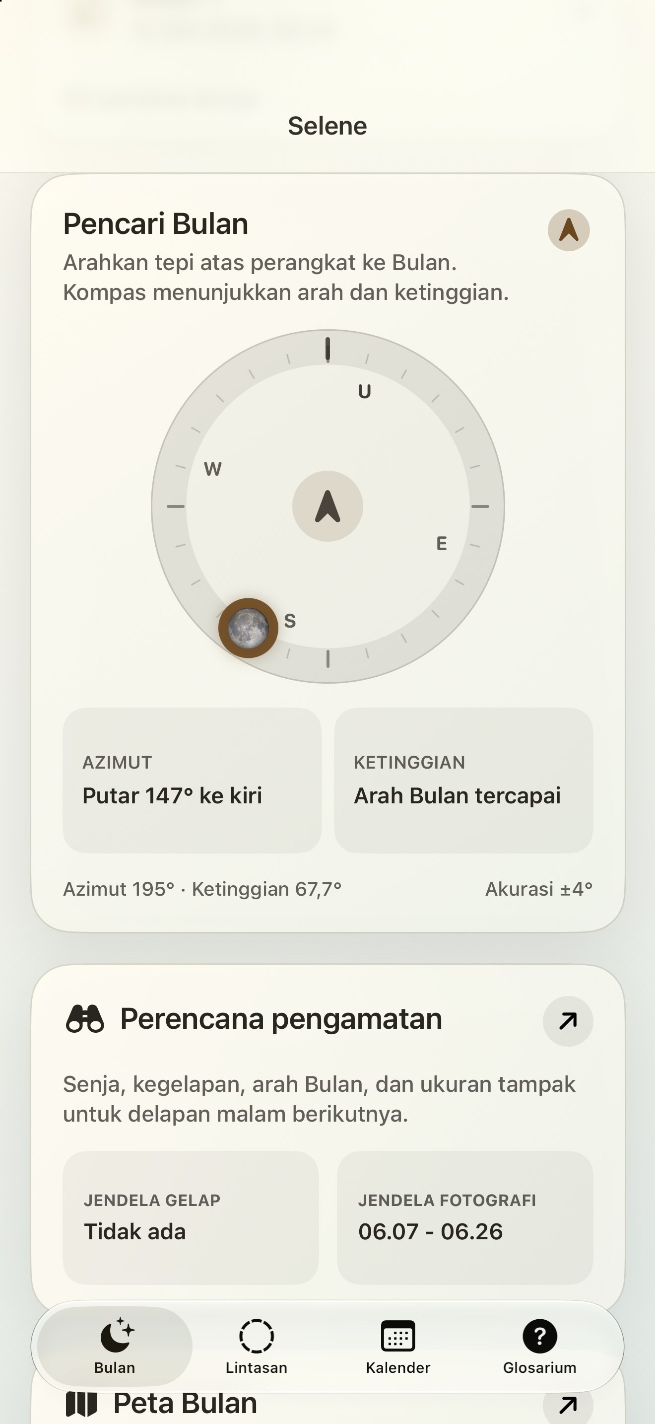 Selene iPhone screenshot 2: iPhone · Moon Finder dan kompas bulan