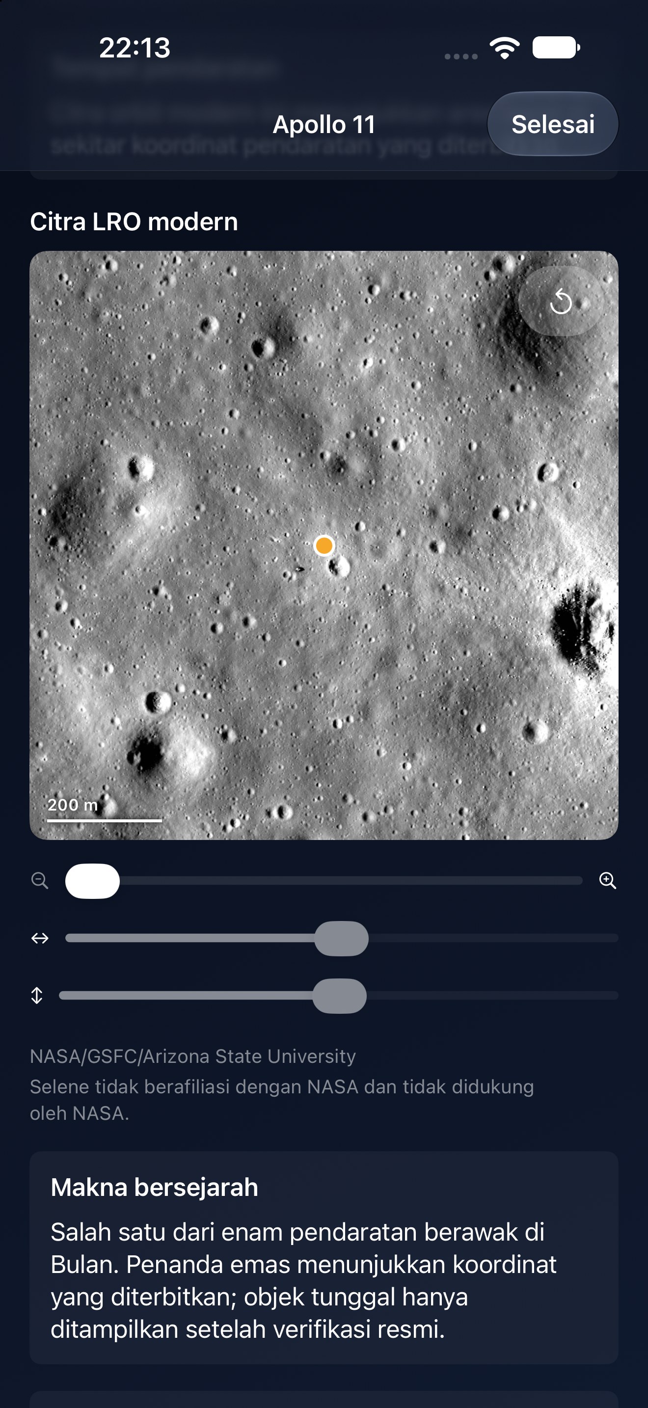 Selene iPhone screenshot 3: iPhone · Lokasi pendaratan Apollo