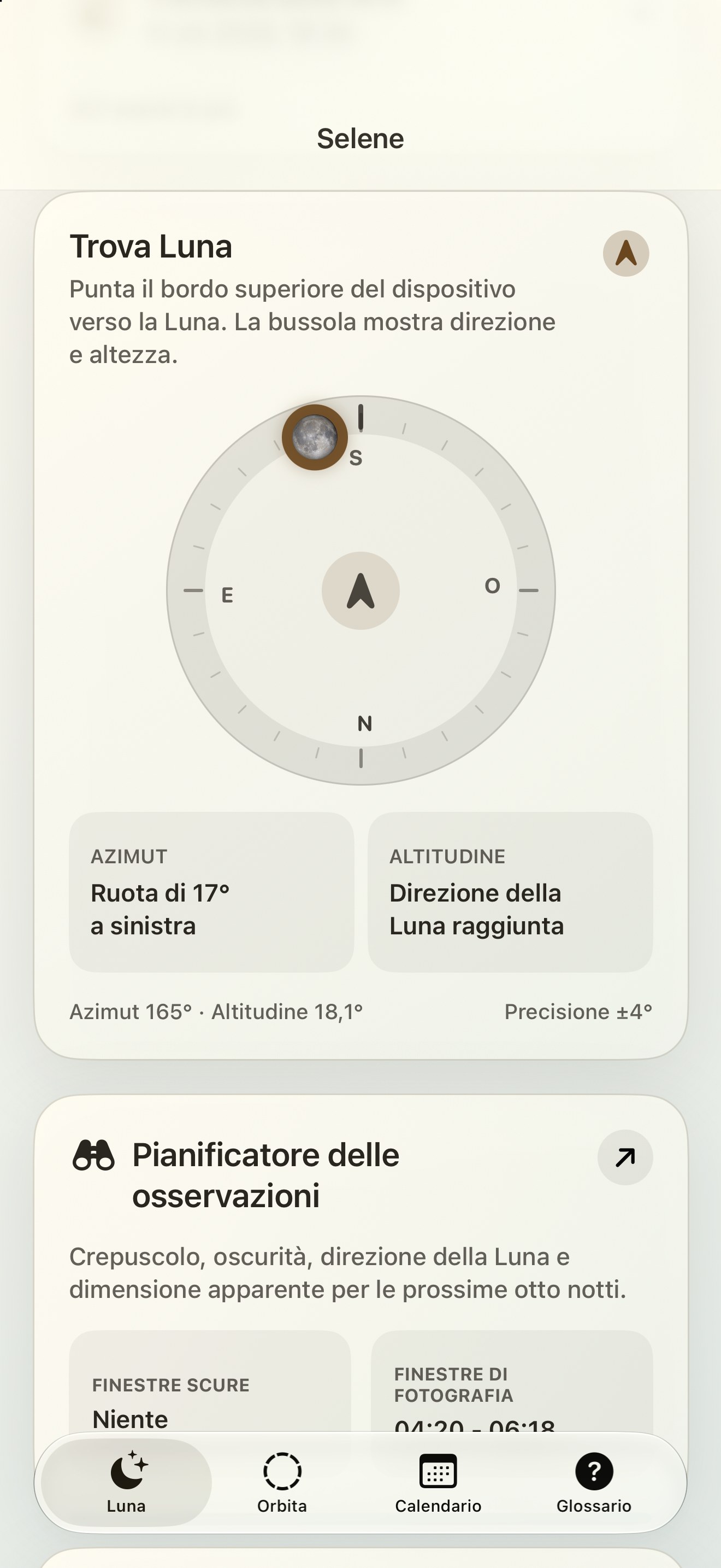 Selene iPhone screenshot 2: iPhone · Lunar Finder e bussola lunare