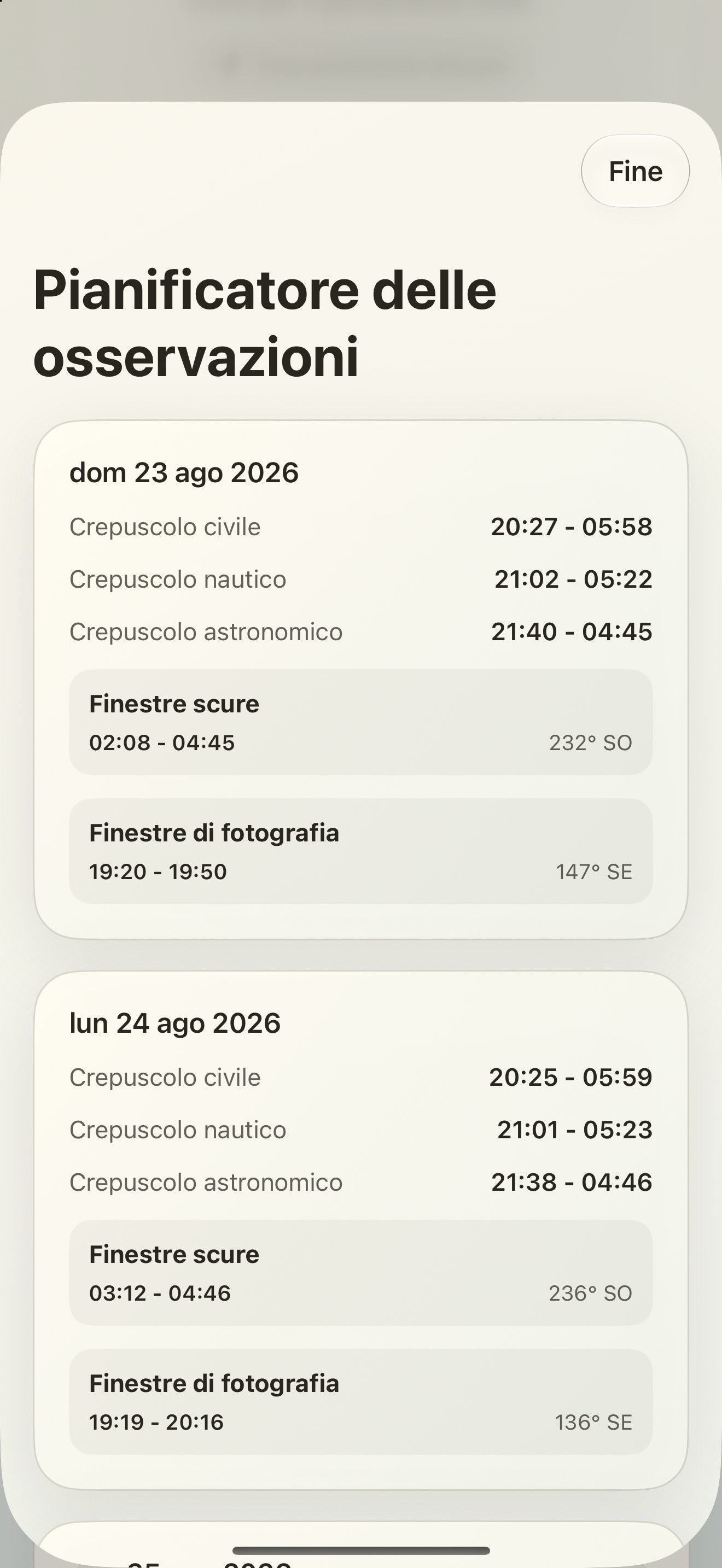 Selene iPhone screenshot 10: iPhone · Pianificatore delle osservazioni