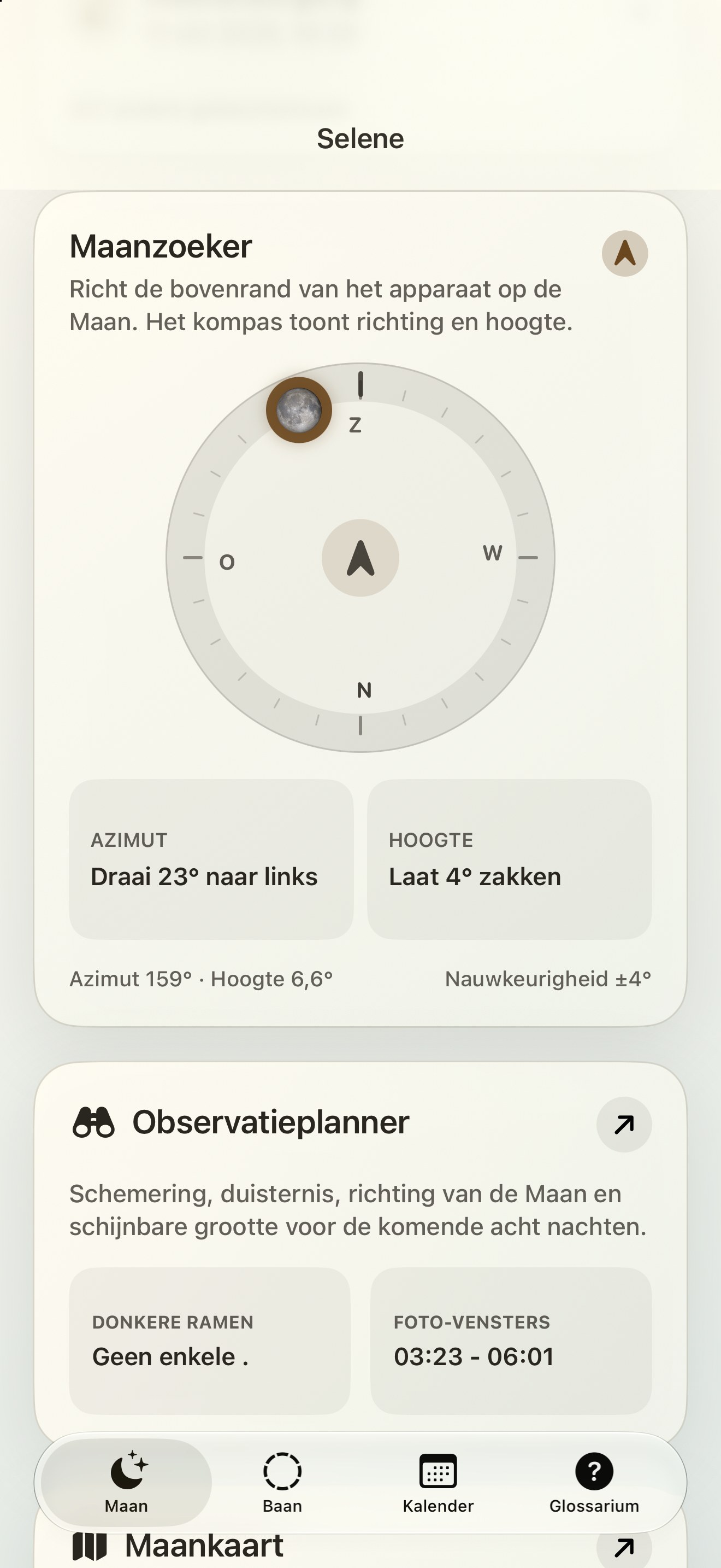 Selene iPhone screenshot 2: iPhone · Maanfinder en maanbus