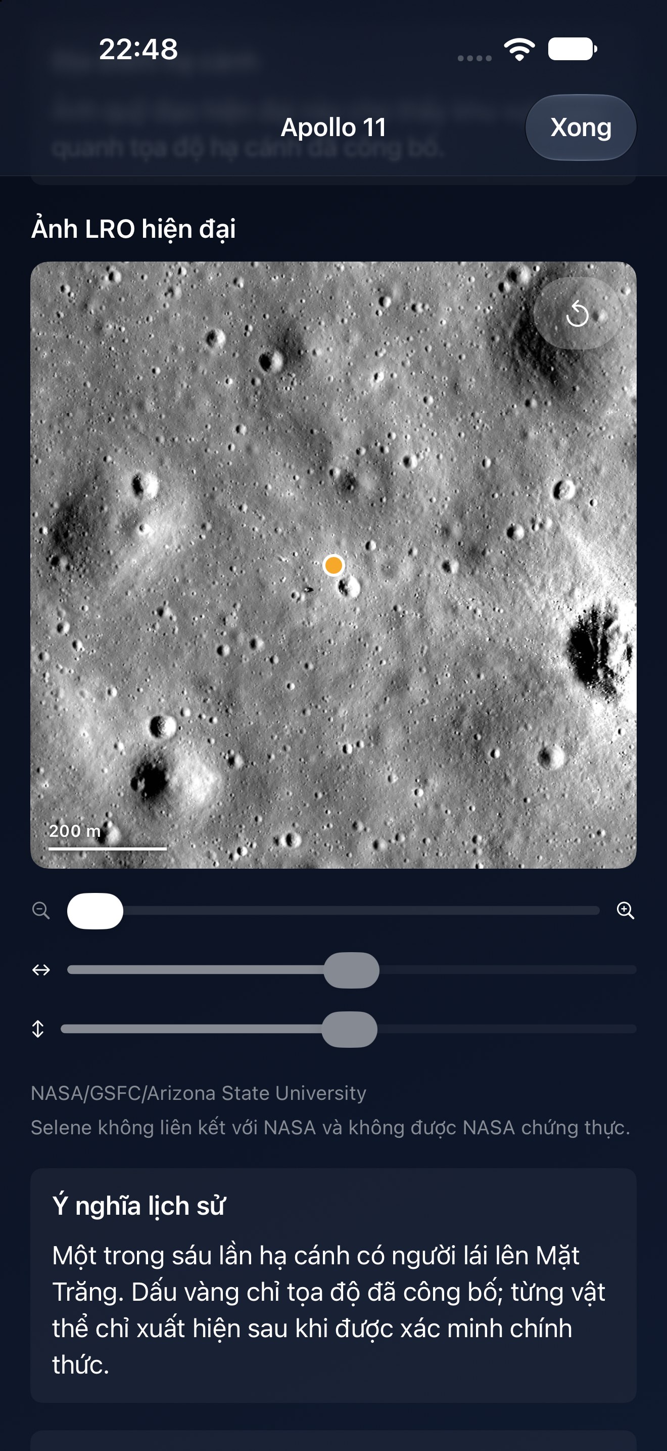 Selene iPhone screenshot 3: iPhone · Địa điểm hạ cánh Apollo
