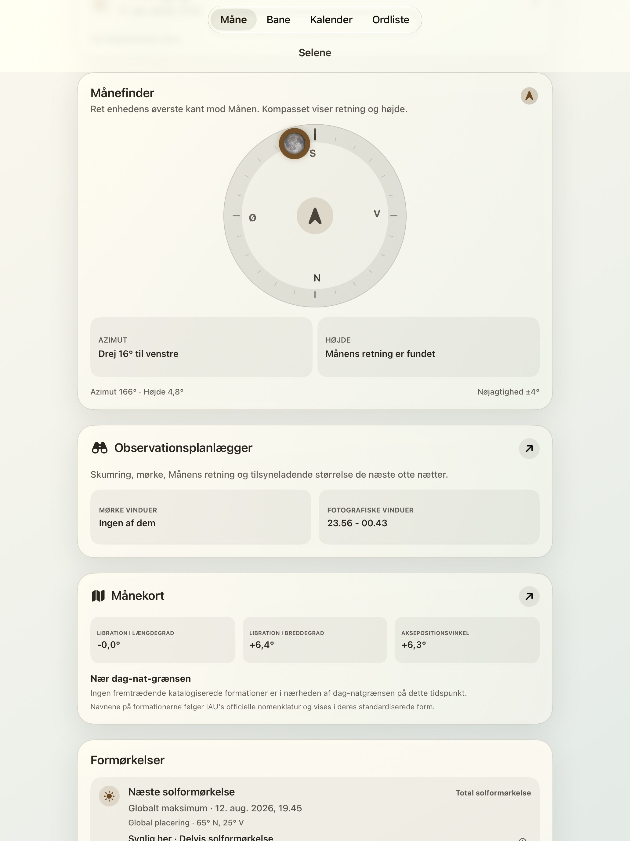 Selene iPad screenshot 2: iPad · Månefinder og månekompass