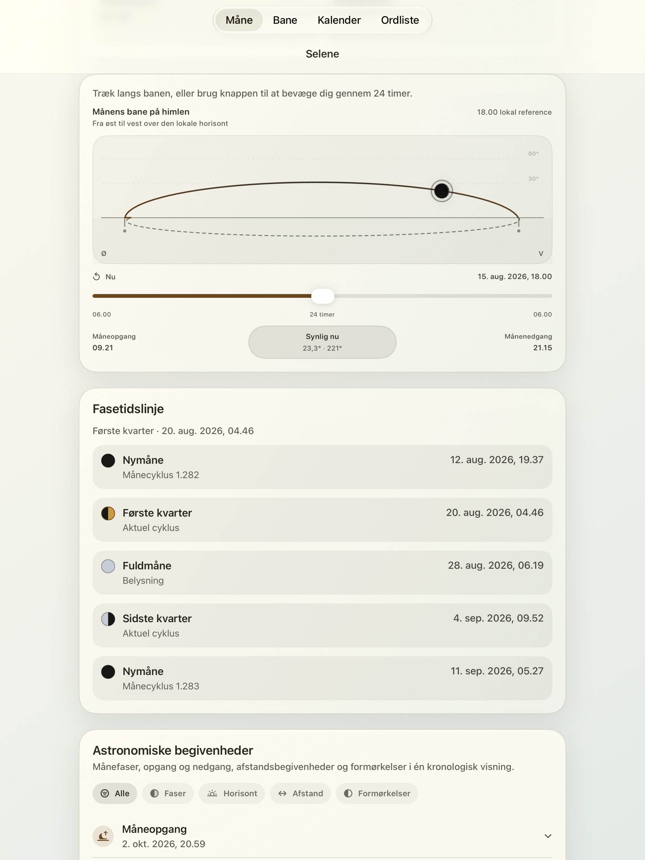 Selene iPad screenshot 5: iPad · Månens bane på himlen