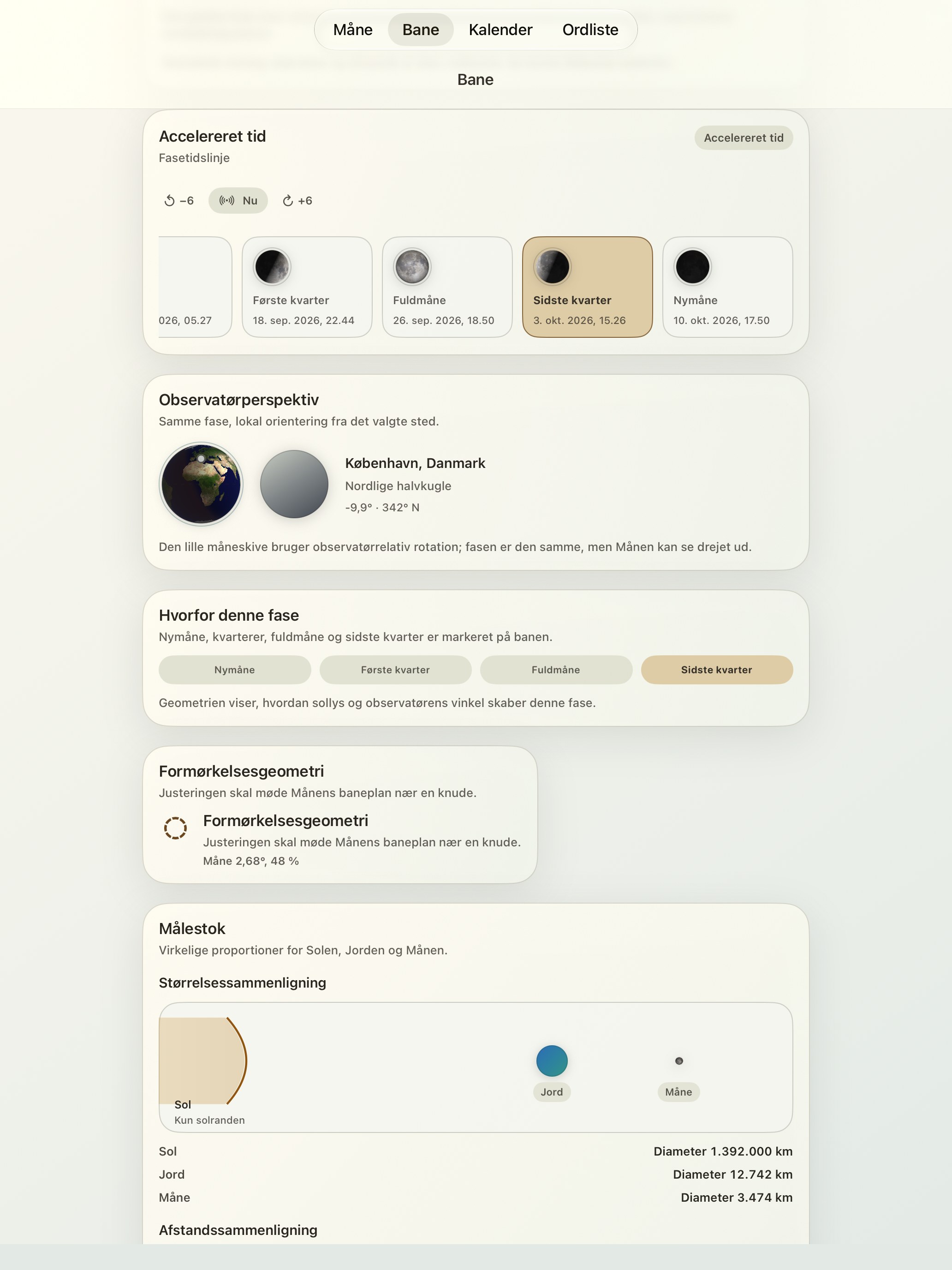 Selene iPad screenshot 6: iPad · Fasetidslinje