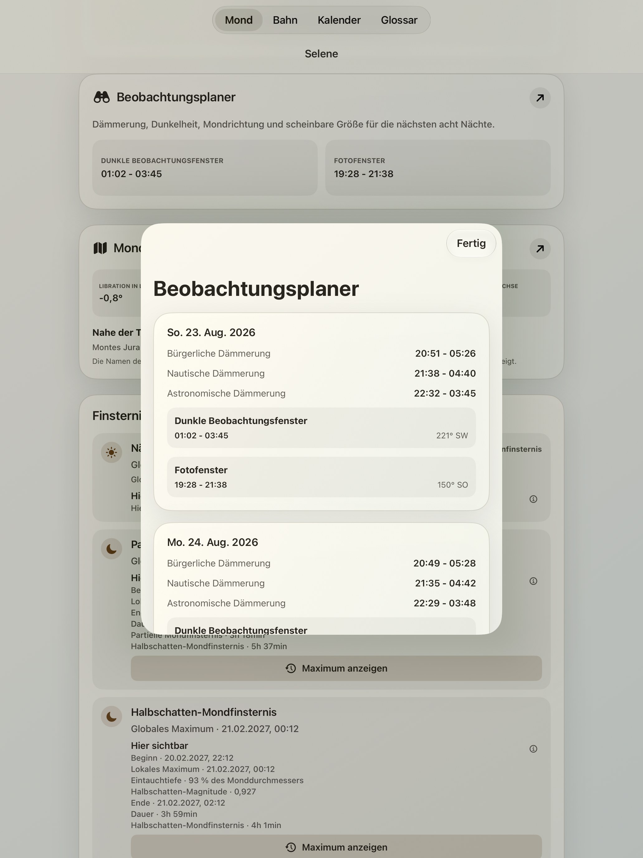 Selene iPad screenshot 10: iPad · Beobachtungsplaner