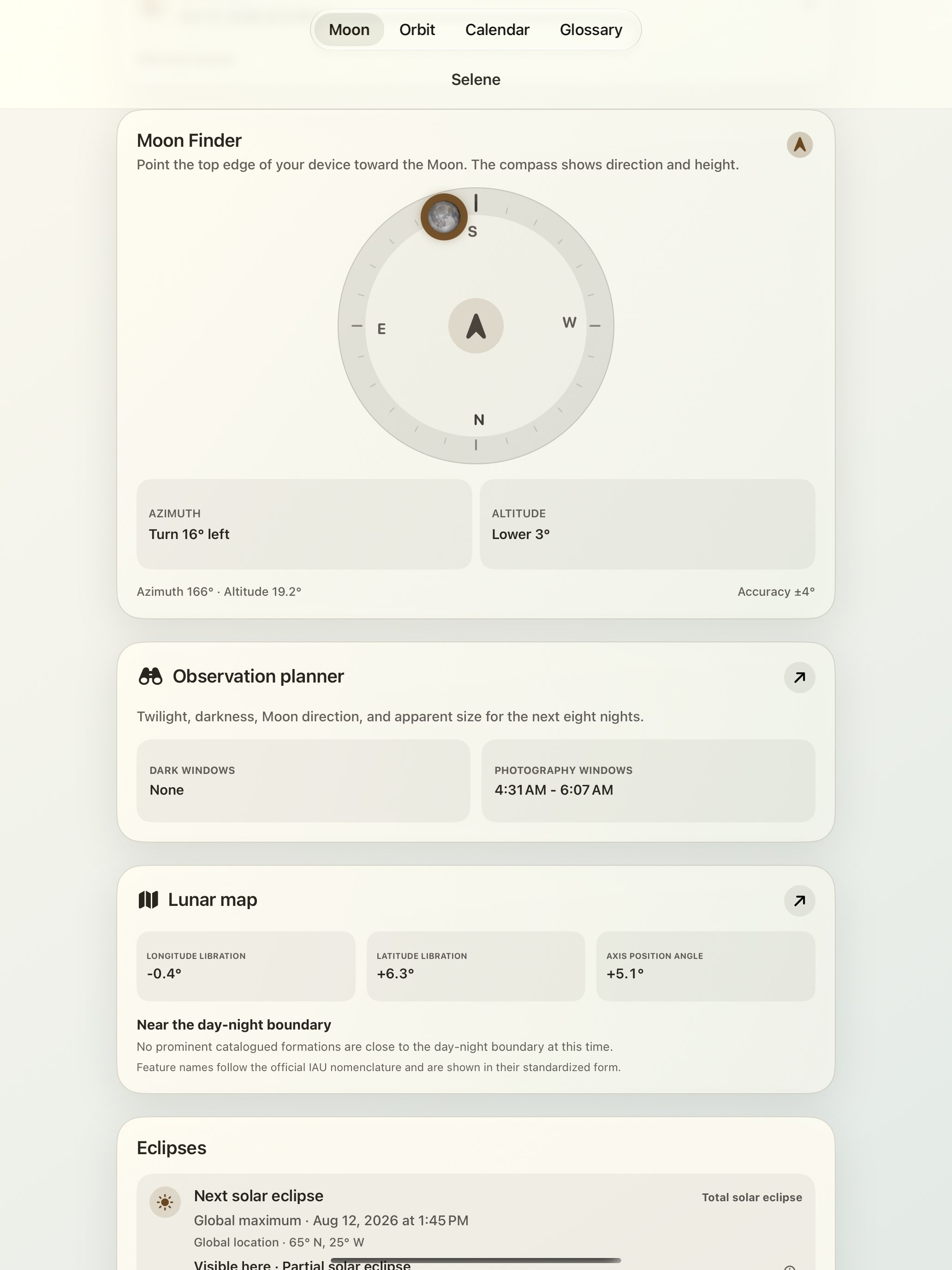 Selene iPad screenshot 2: iPad · Moon Finder and moon compass