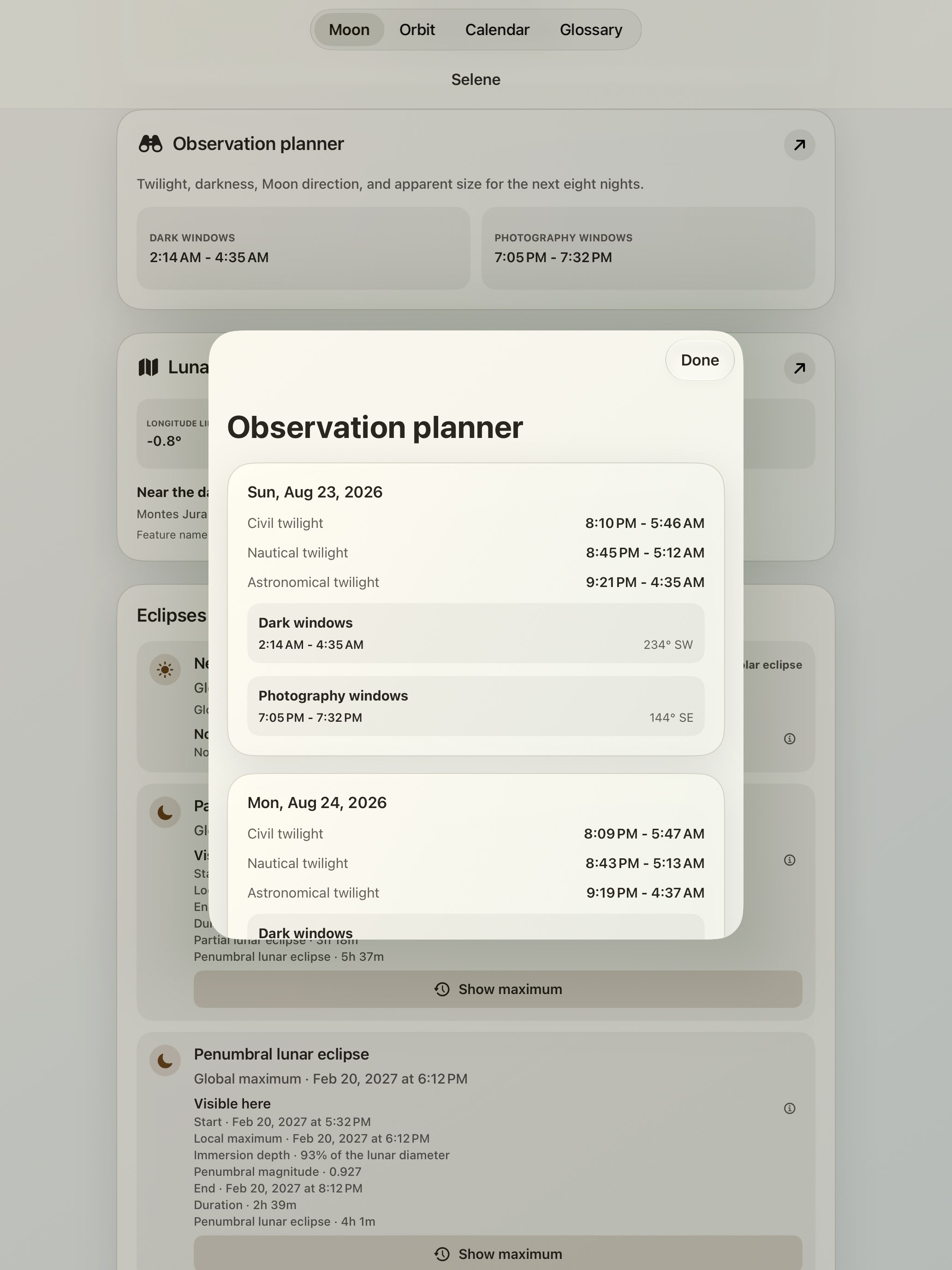 Selene iPad screenshot 10: iPad · Observation planner