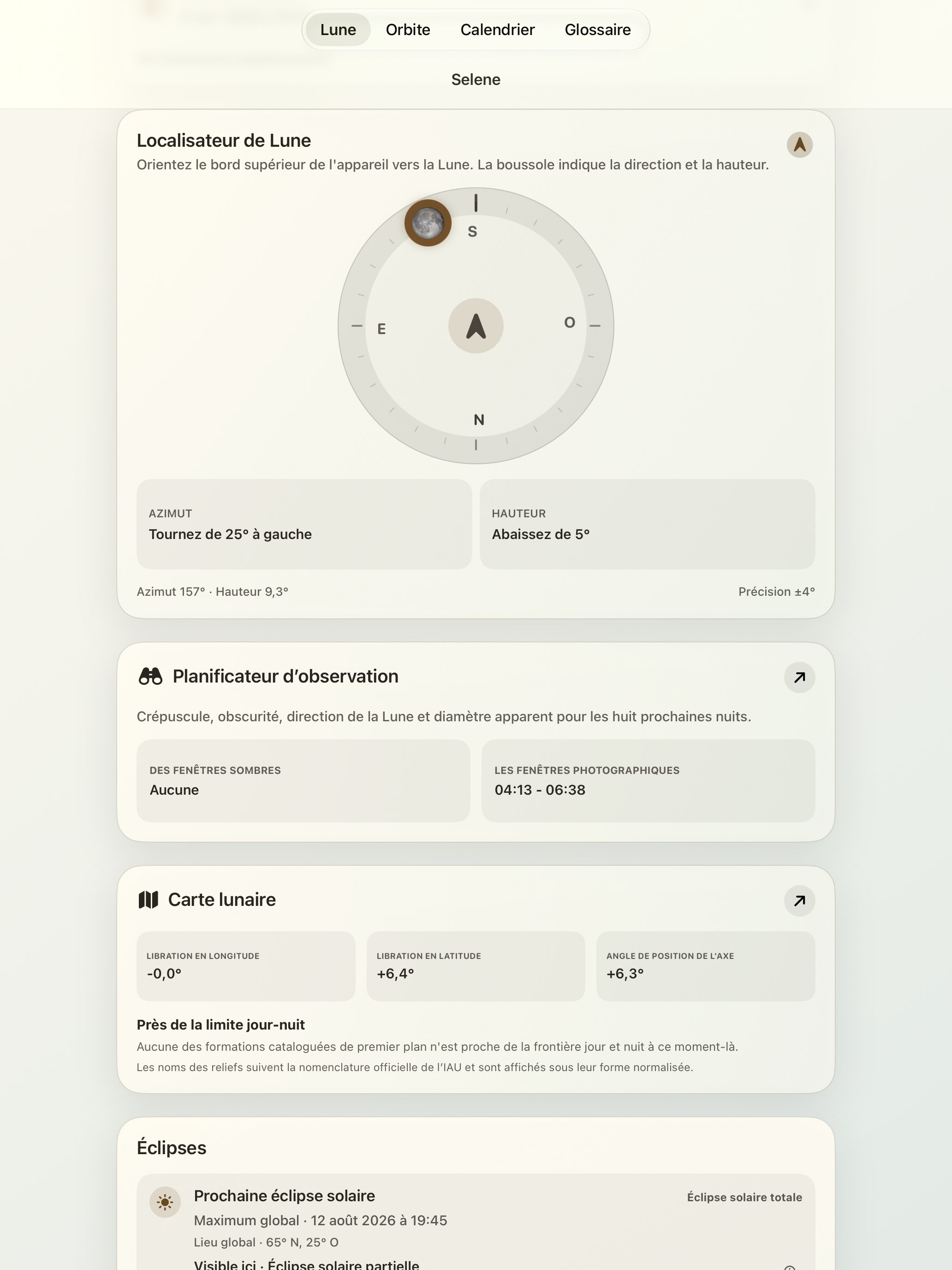 Selene iPad screenshot 2: iPad · Détecteur de lune et boussole lunaire