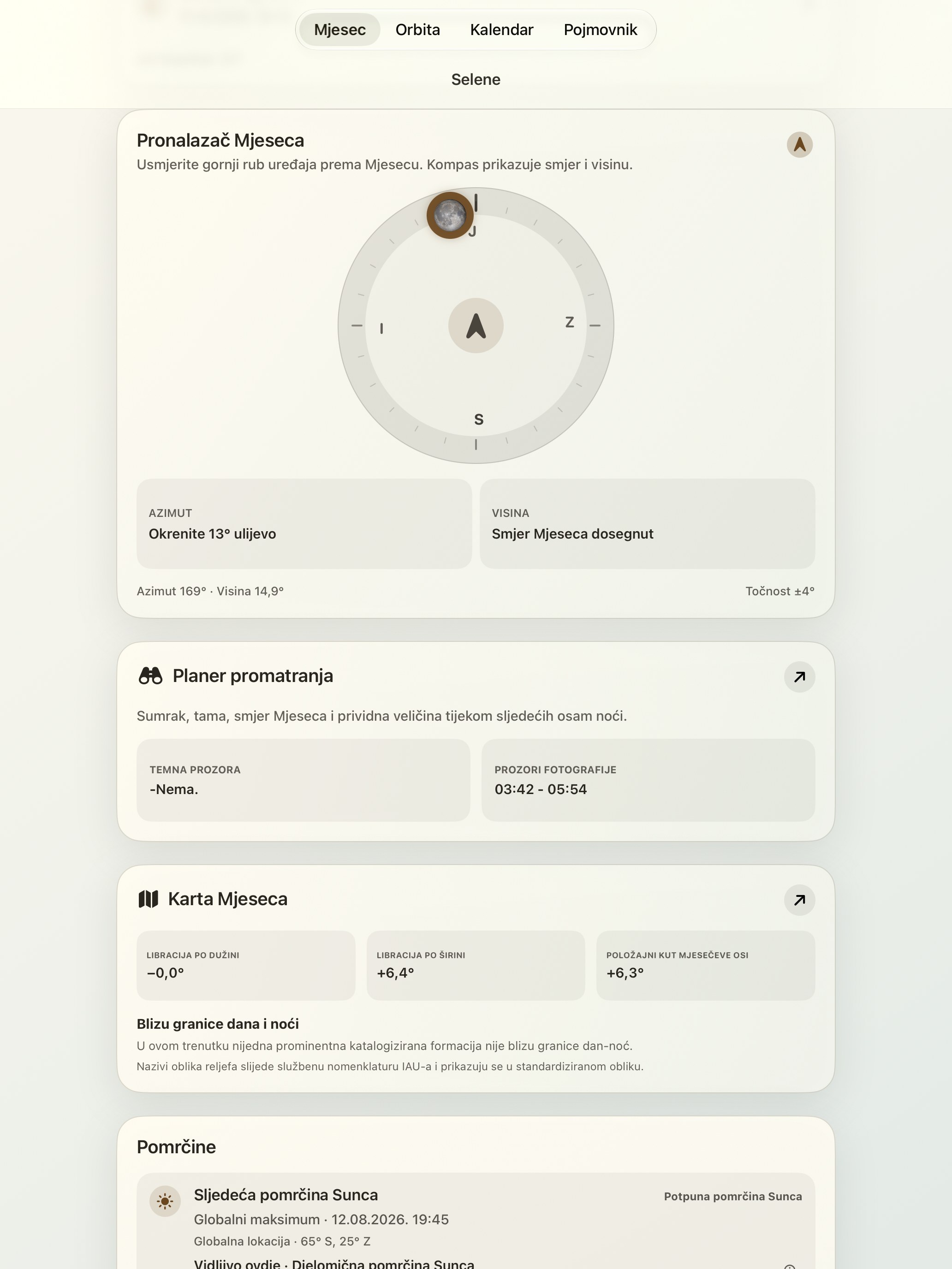 Selene iPad screenshot 2: iPad · Lunar Finder i mjesečni kompas