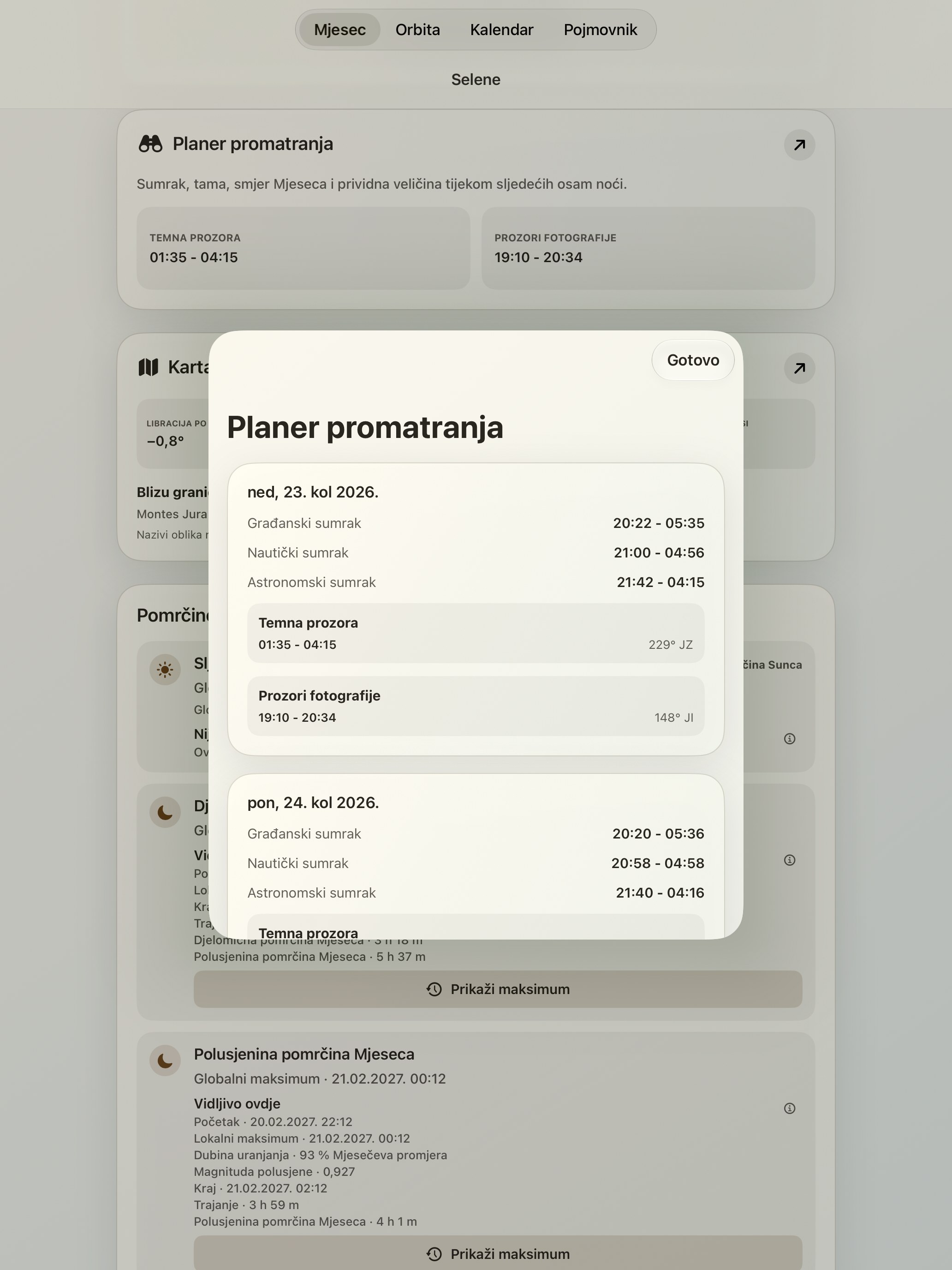 Selene iPad screenshot 10: iPad · Planer promatranja