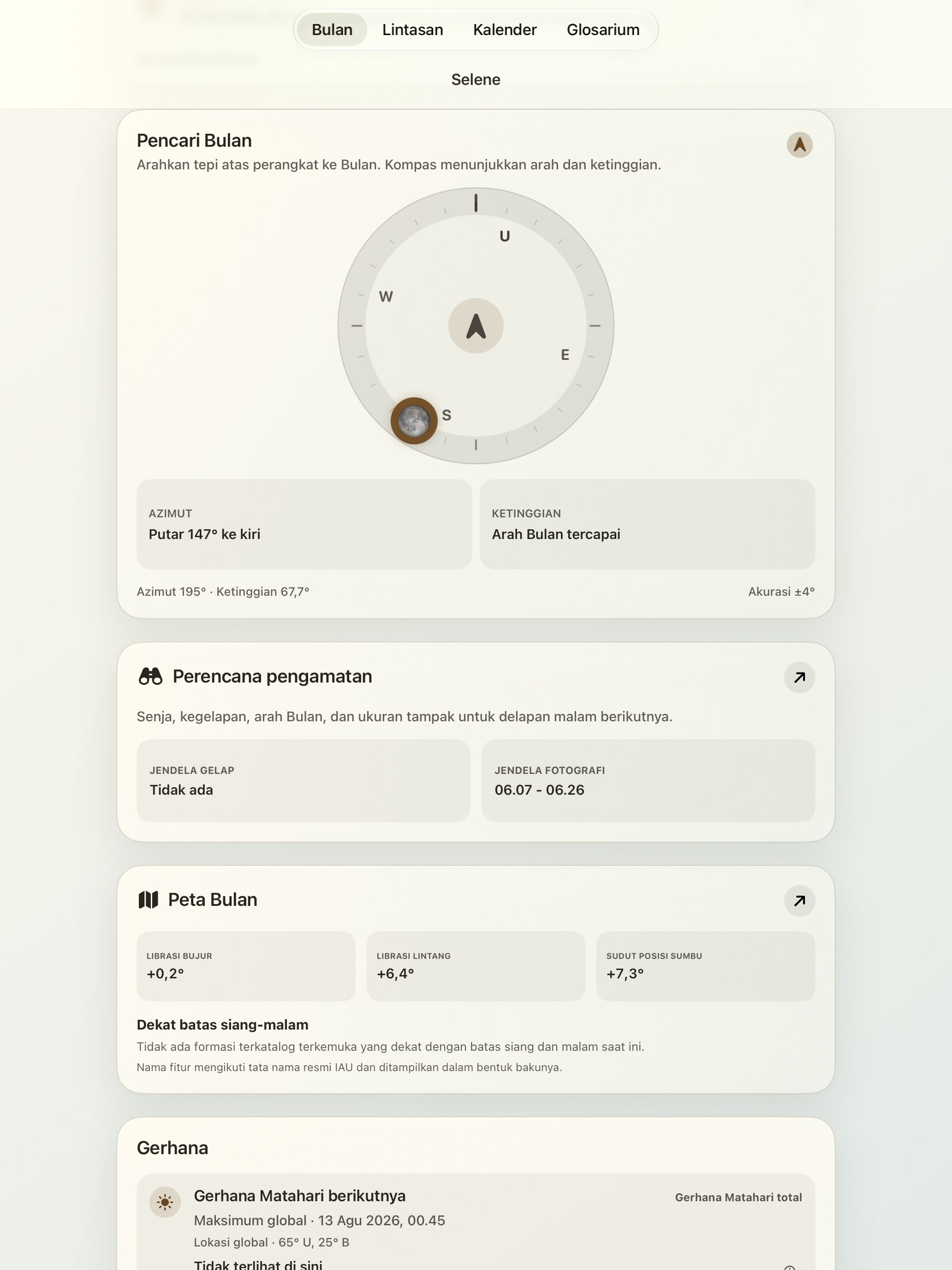 Selene iPad screenshot 2: iPad · Moon Finder dan kompas bulan