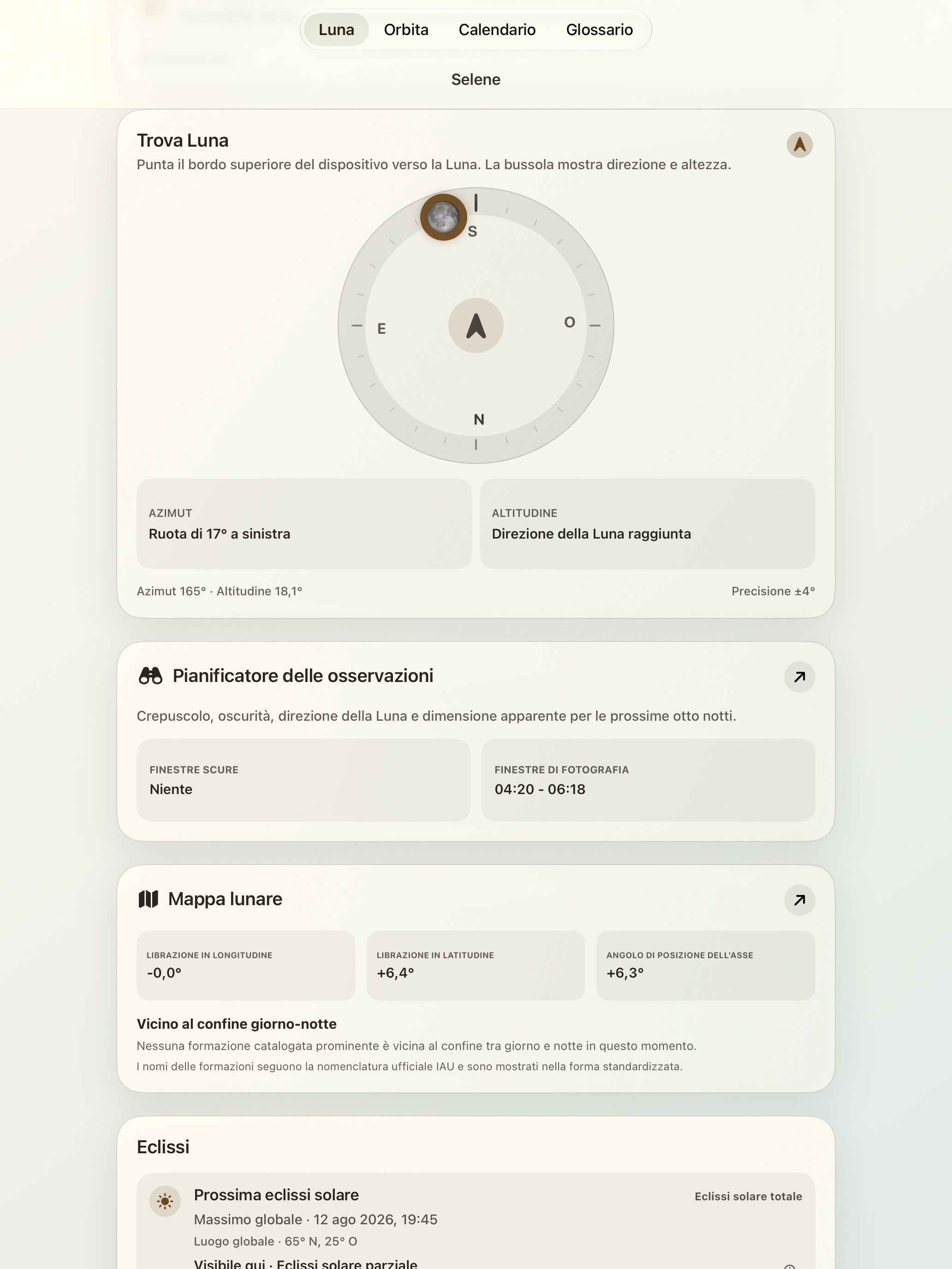 Selene iPad screenshot 2: iPad · Lunar Finder e bussola lunare