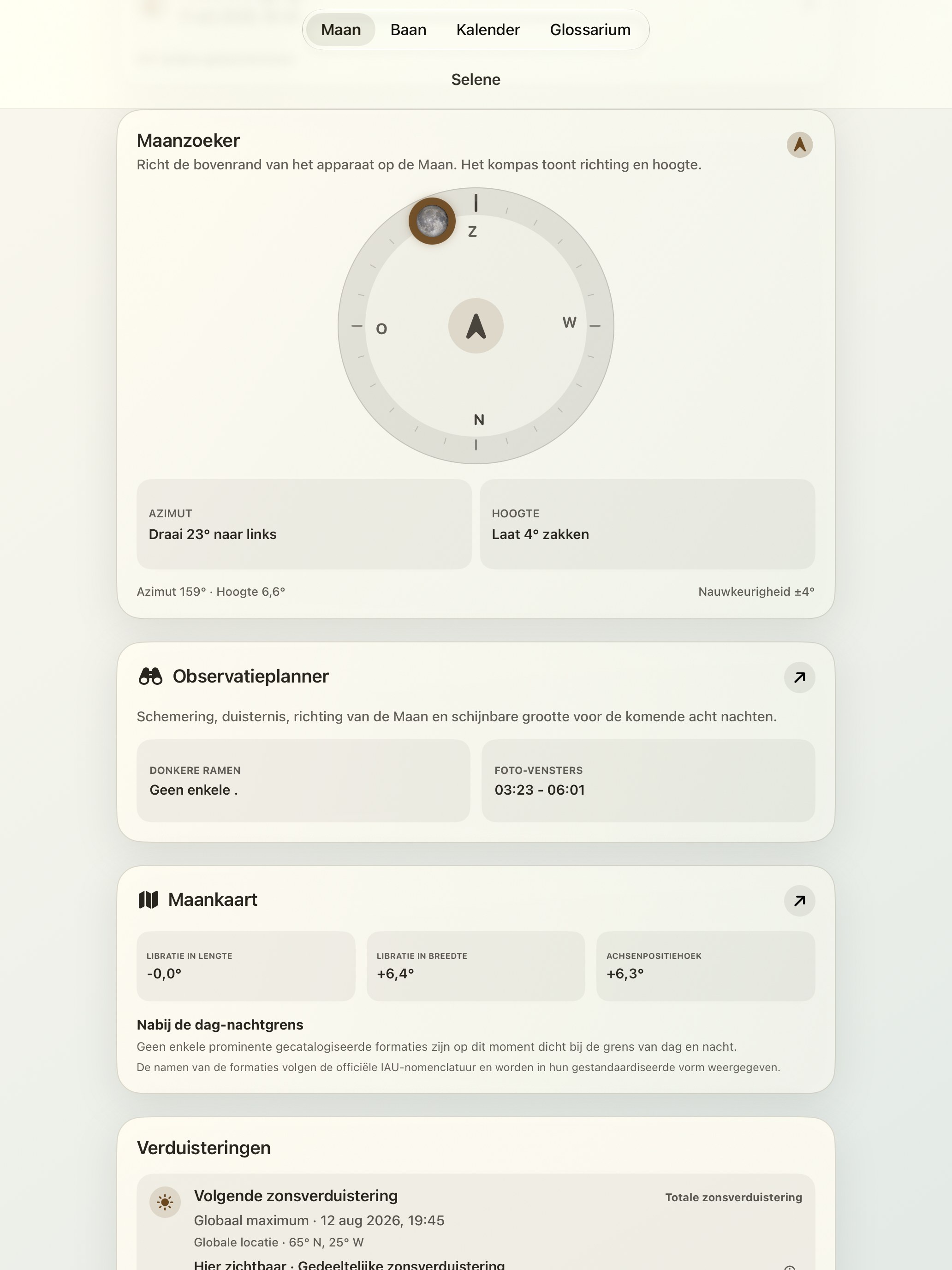 Selene iPad screenshot 2: iPad · Maanfinder en maanbus