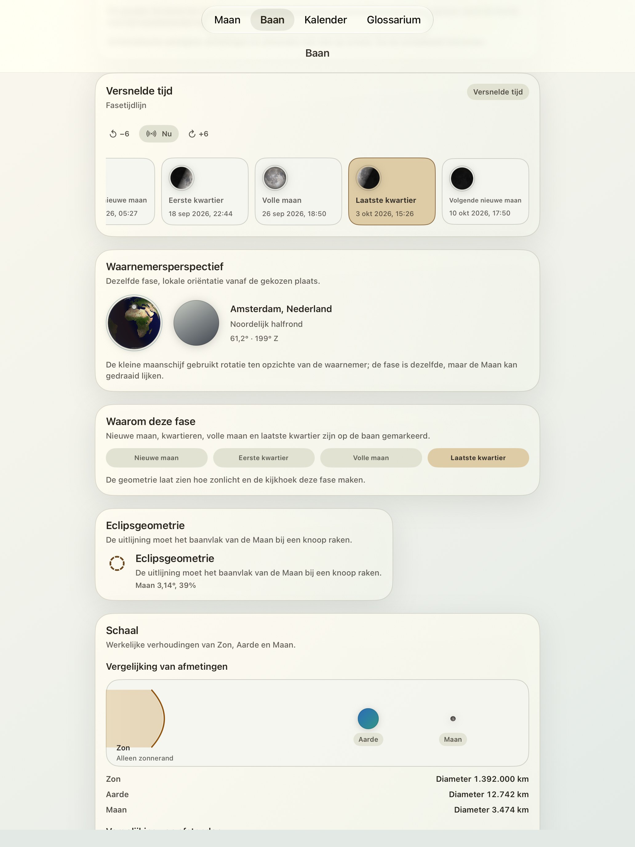Selene iPad screenshot 6: iPad · Fasetijdlijn
