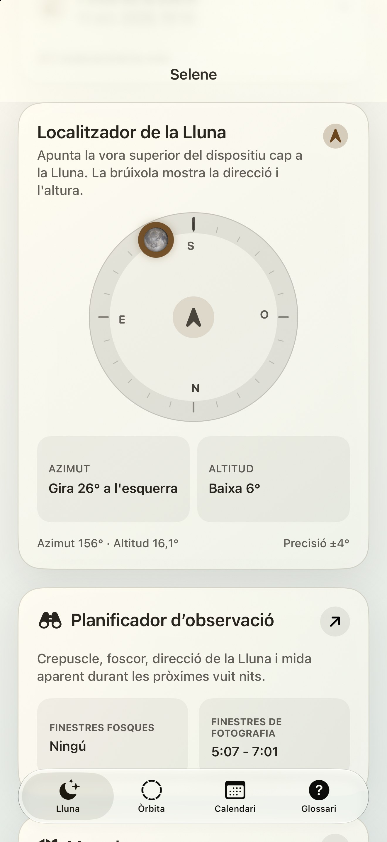 Selene iPhone screenshot 2: iPhone · Finder de la Lluna i brúixola lunar