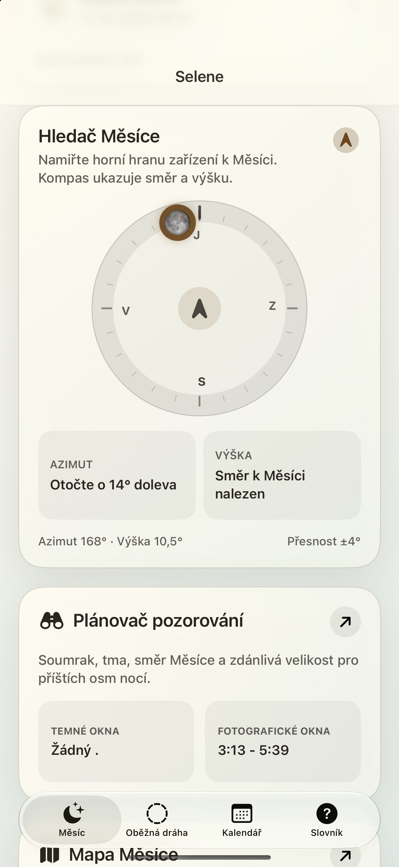 Selene iPhone screenshot 2: iPhone · Lunar Finder a měsíční kompas