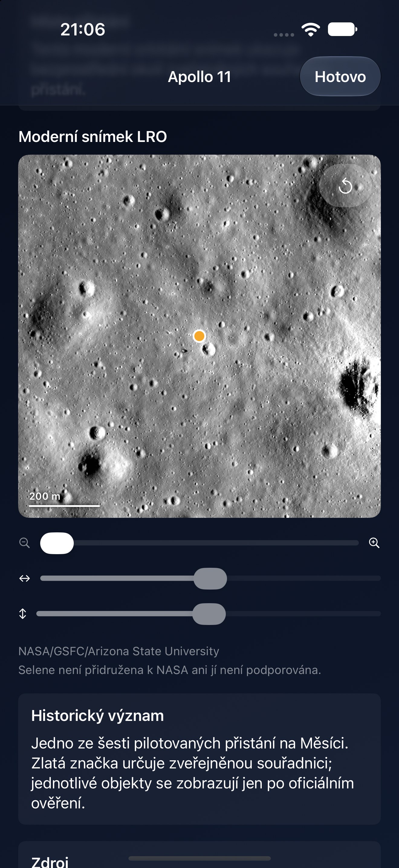 Selene iPhone screenshot 3: iPhone · Místo přistání Apollo