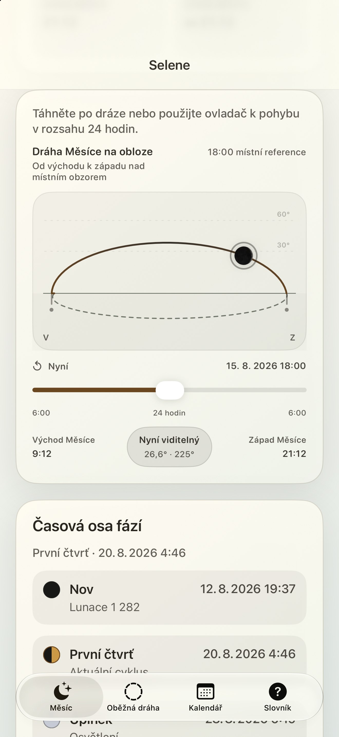 Selene iPhone screenshot 5: iPhone · Dráha Měsíce na obloze