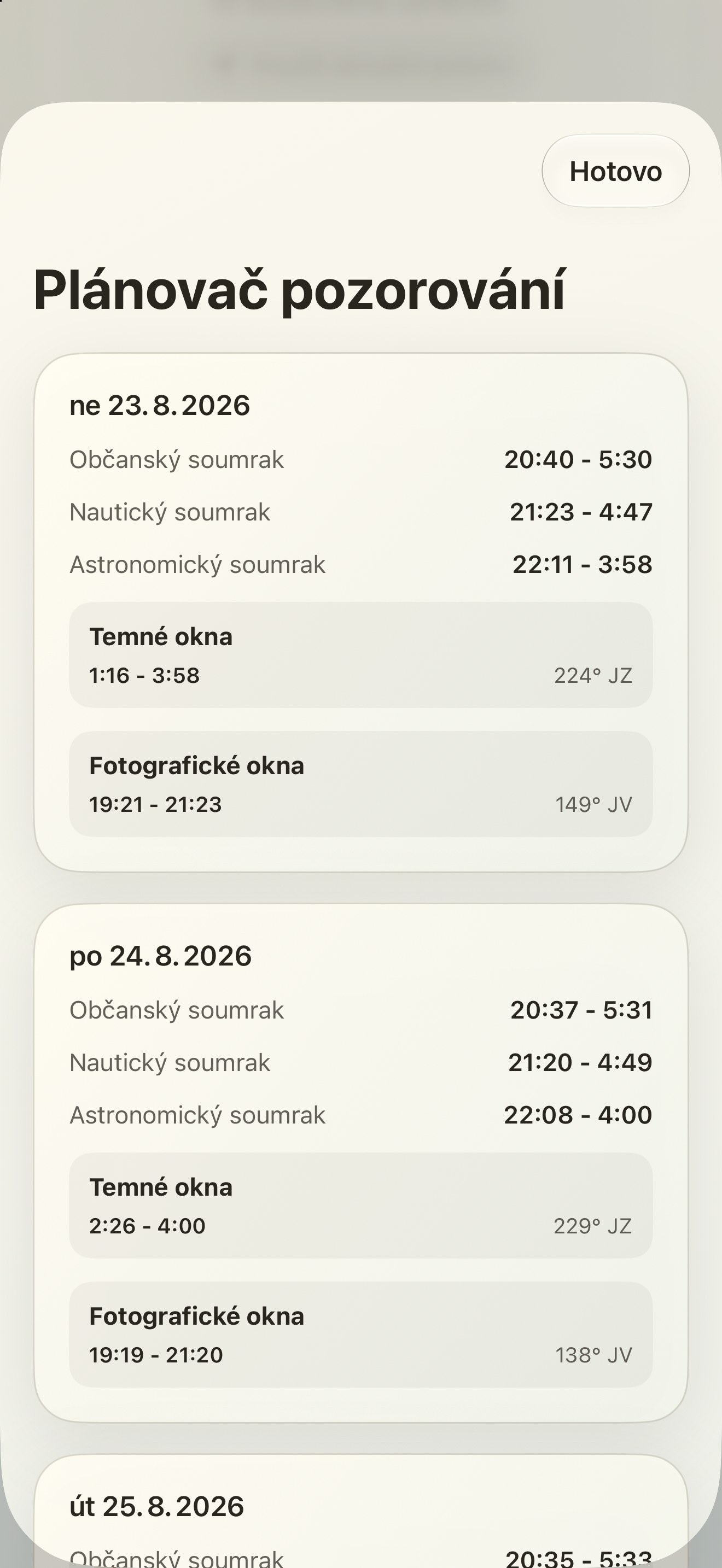 Selene iPhone screenshot 10: iPhone · Plánovač pozorování