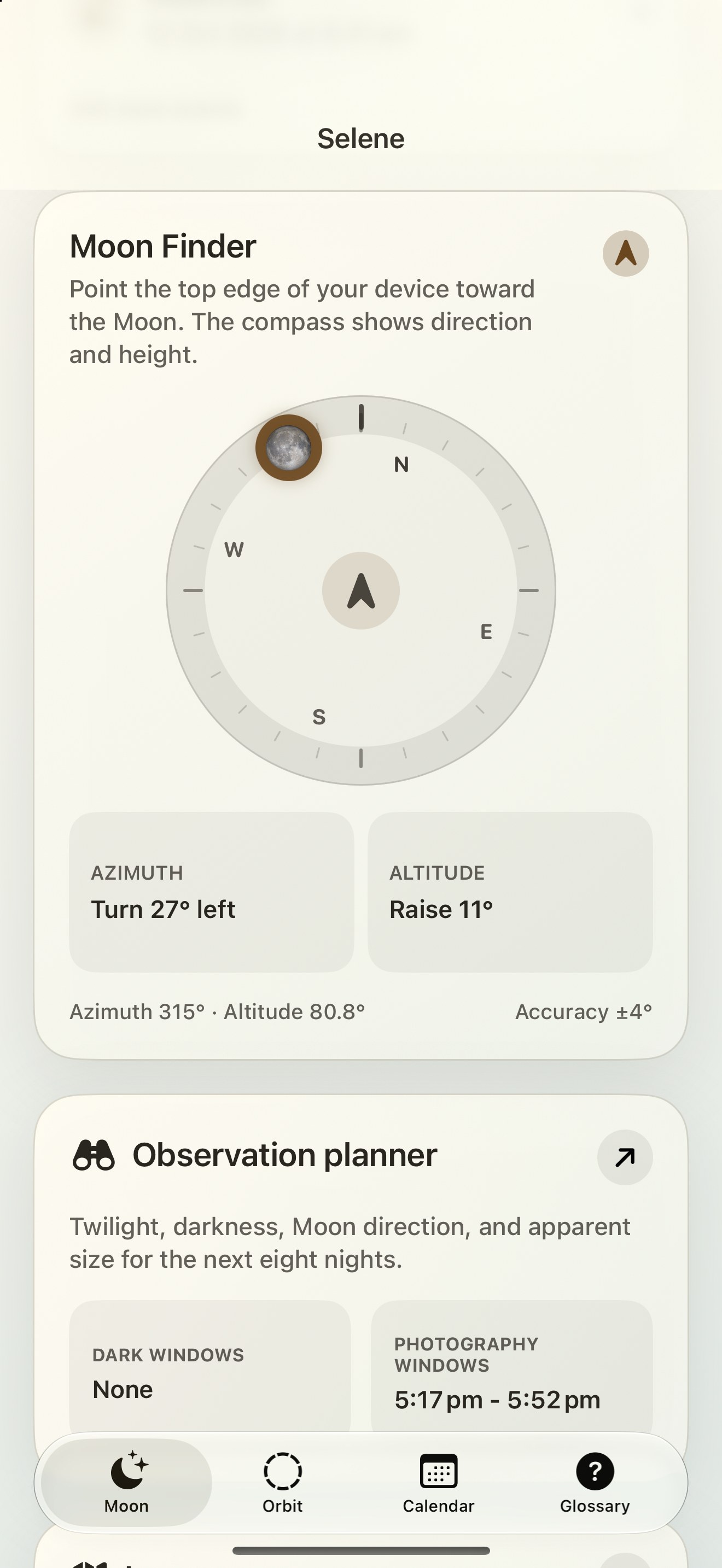 Selene iPhone screenshot 2: iPhone · Moon Finder and moon compass
