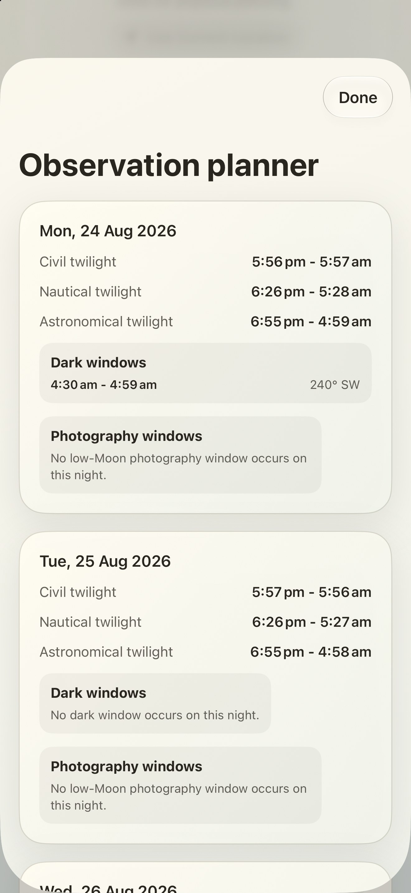 Selene iPhone screenshot 10: iPhone · Observation planner