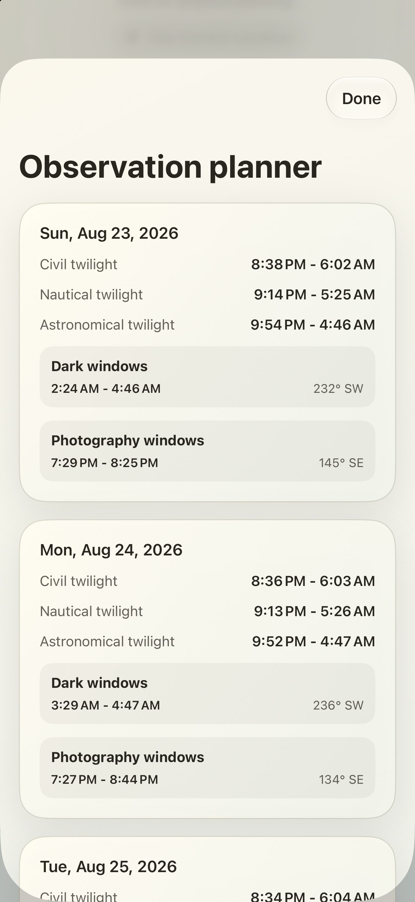 Selene iPhone screenshot 10: iPhone · Observation planner