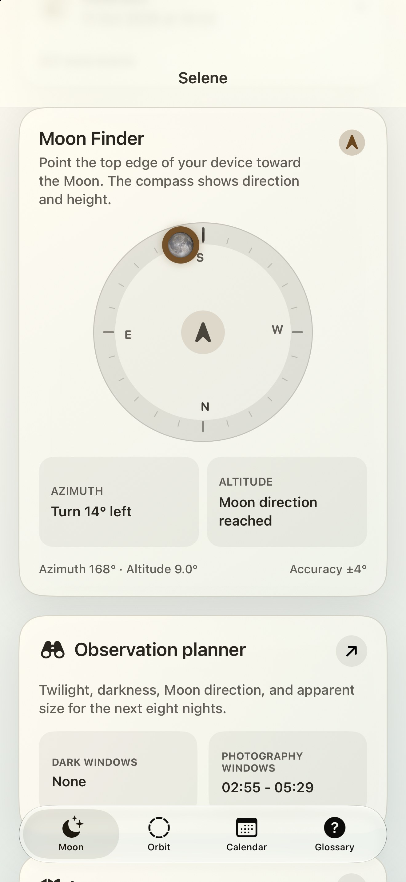 Selene iPhone screenshot 2: iPhone · Moon Finder and moon compass