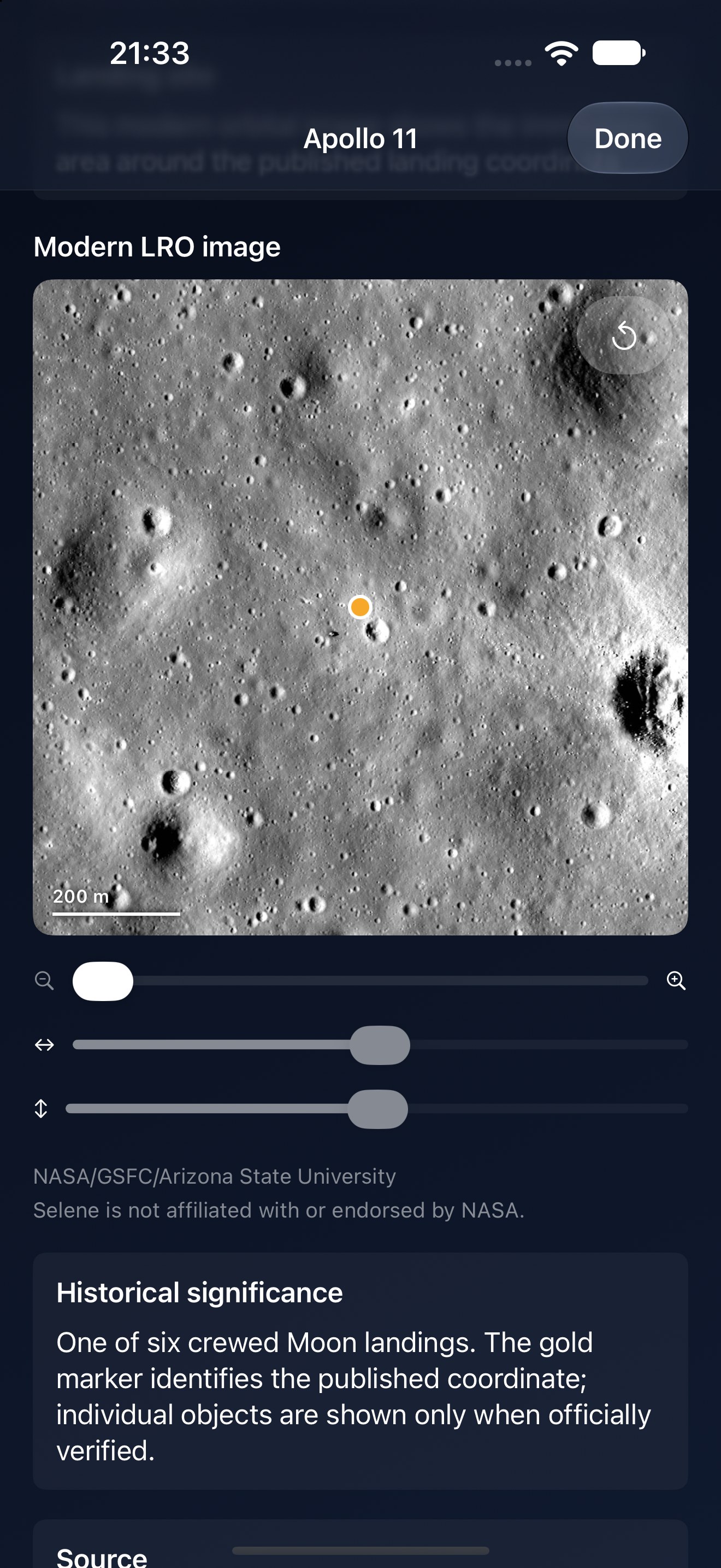 Selene iPhone screenshot 3: iPhone · Apollo landing site