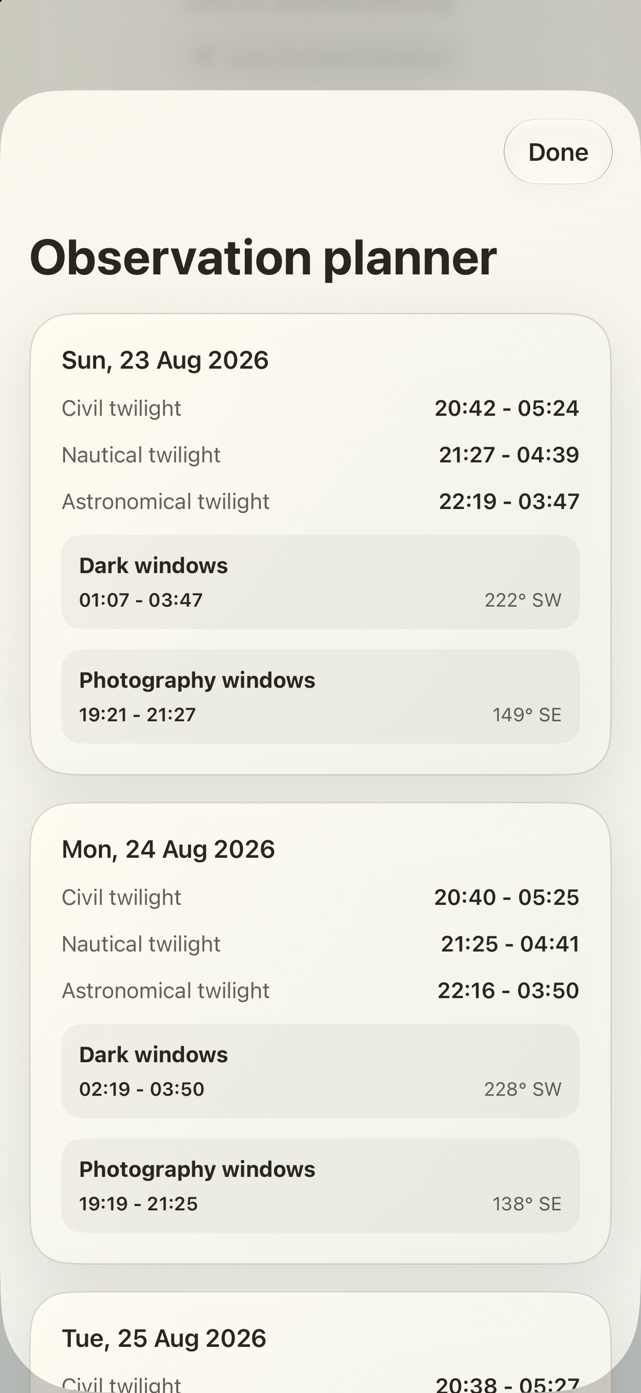 Selene iPhone screenshot 10: iPhone · Observation planner