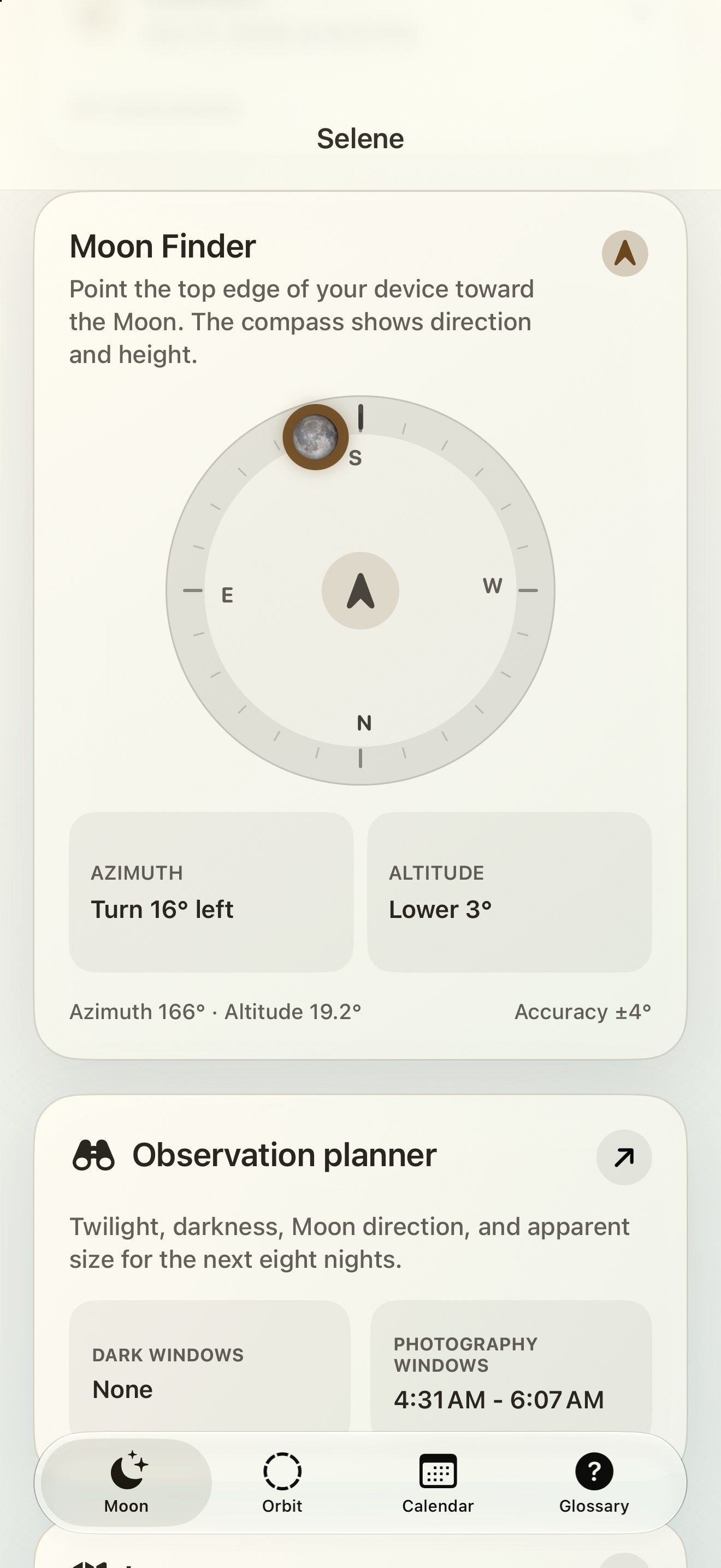 Selene iPhone screenshot 2: iPhone · Moon Finder and moon compass