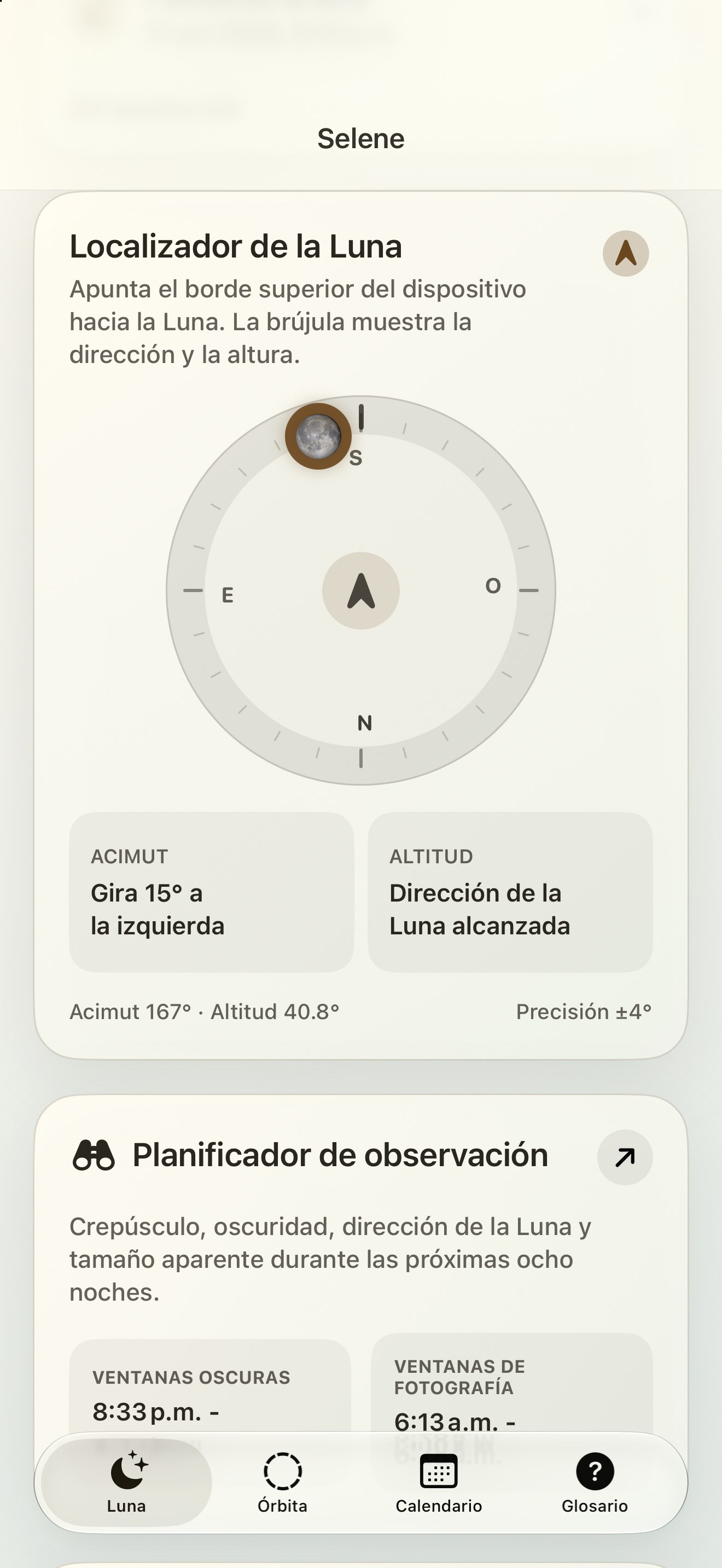 Selene iPhone screenshot 2: iPhone · Finder lunar y brújula lunar