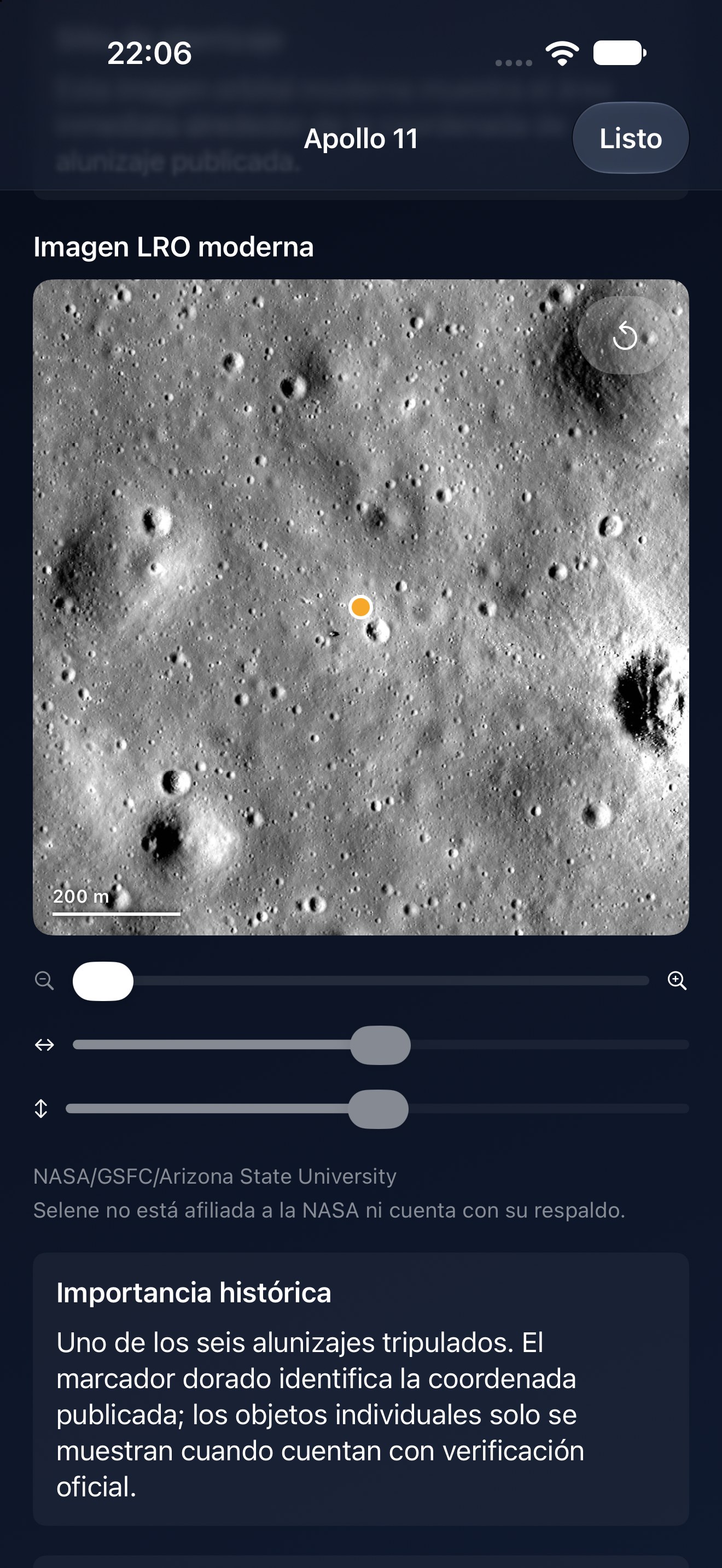 Selene iPhone screenshot 3: iPhone · Lugar de alunizaje Apollo
