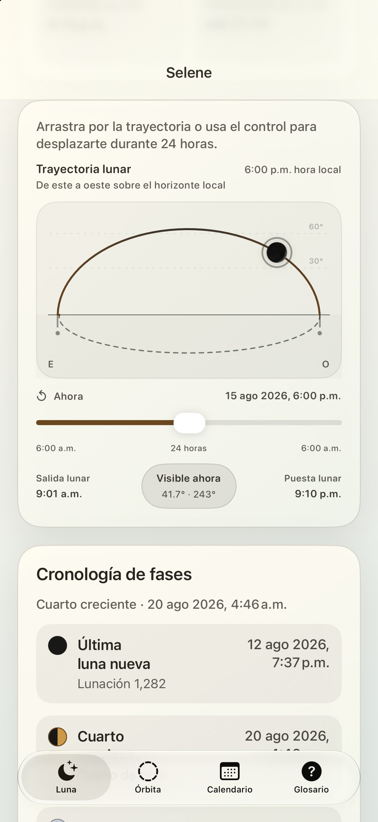 Selene iPhone screenshot 5: iPhone · Trayectoria lunar