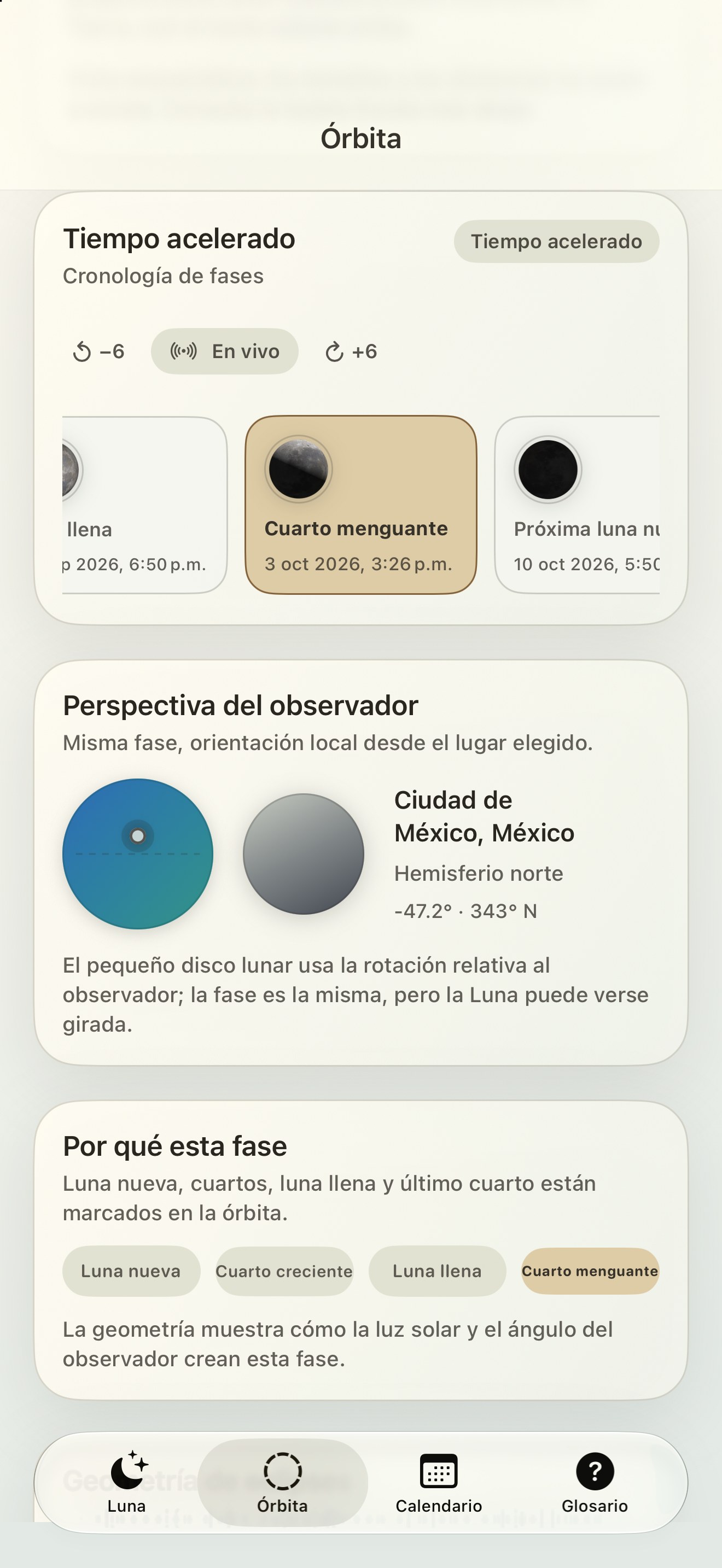 Selene iPhone screenshot 6: iPhone · Cronología de fases
