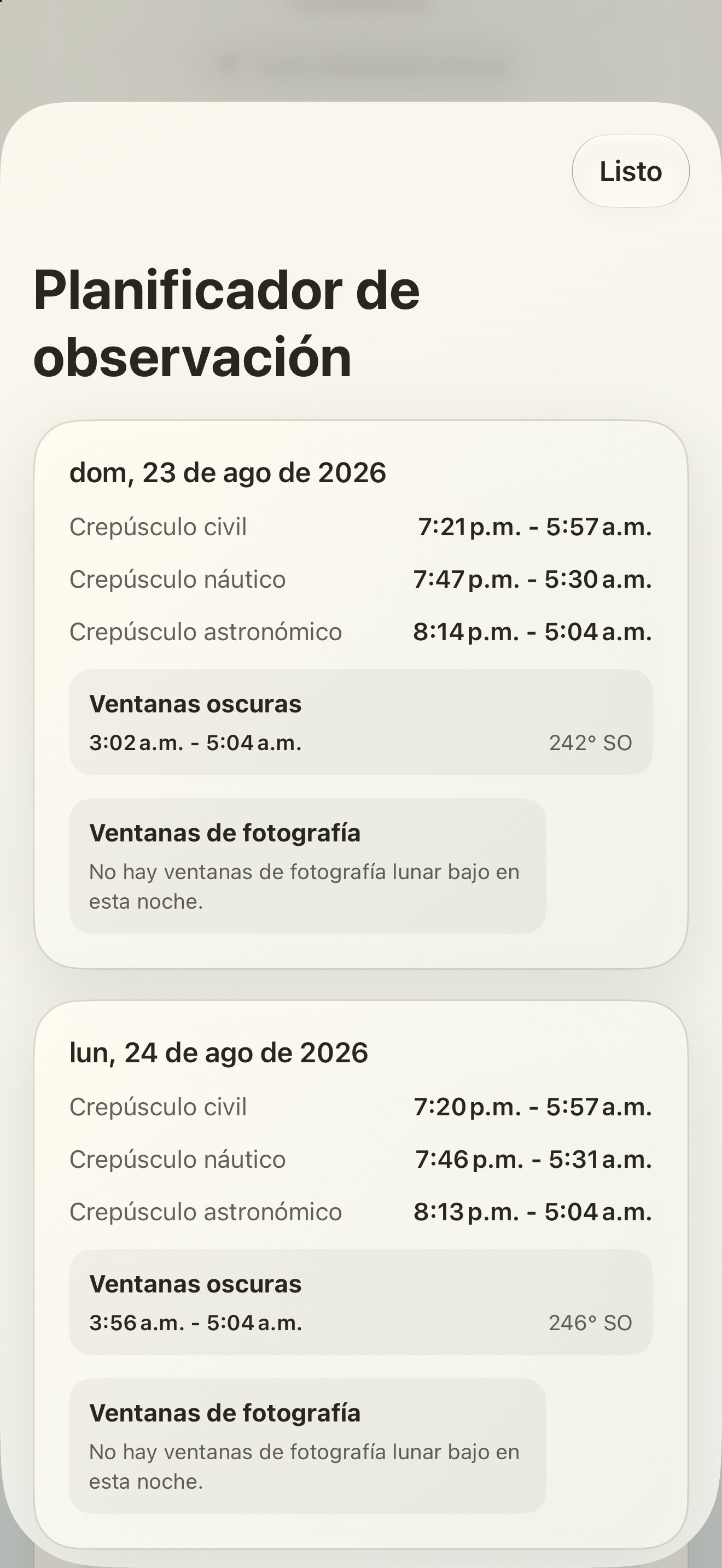 Selene iPhone screenshot 10: iPhone · Planificador de observación