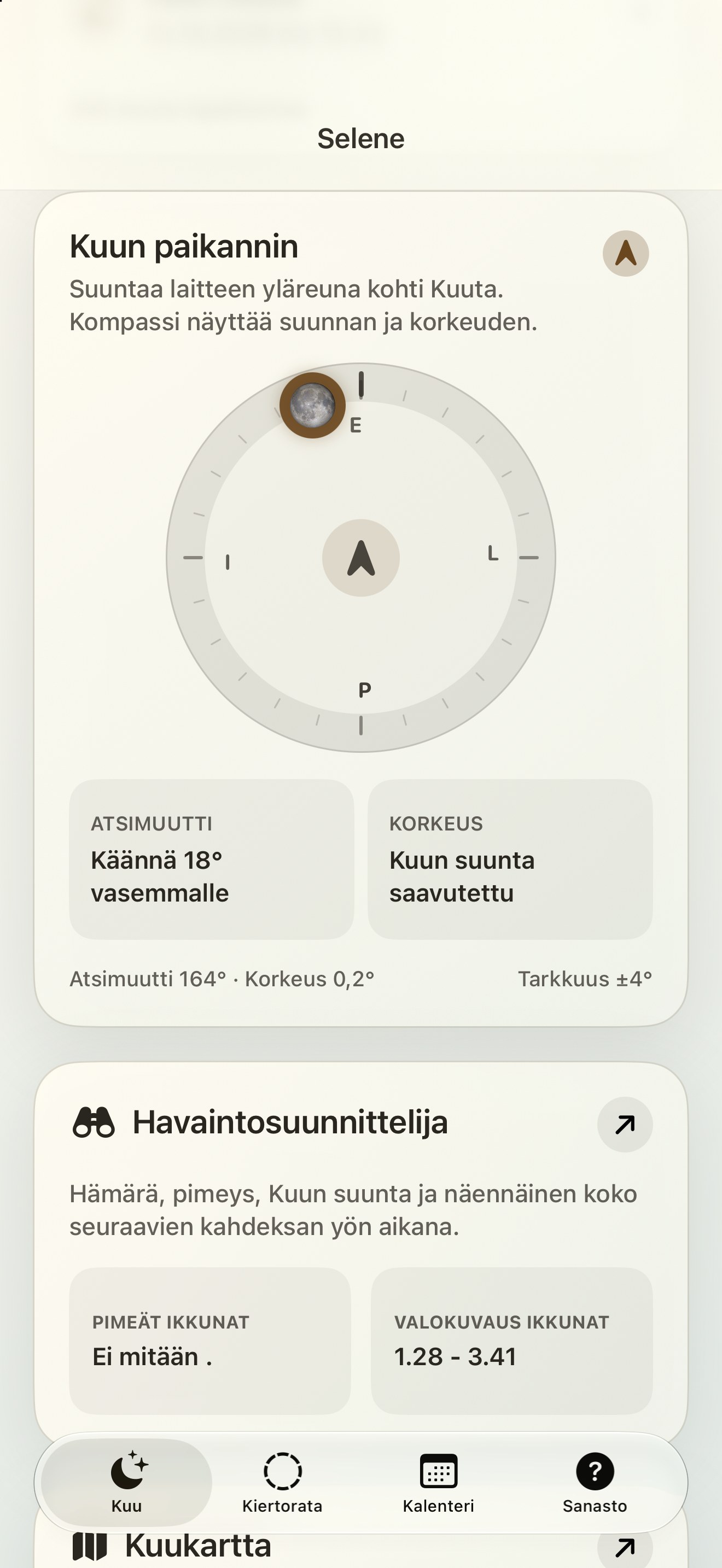 Selene iPhone screenshot 2: iPhone · Kuun löytäjä ja kuun kompassi