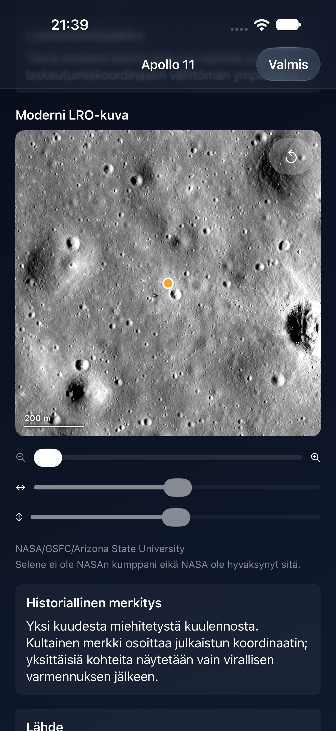 Selene iPhone screenshot 3: iPhone · Apollo-laskeutumispaikka